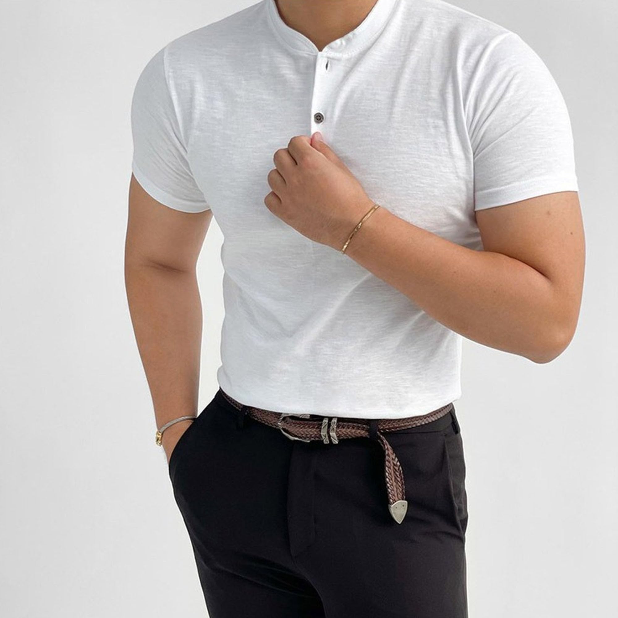 Men Quarter Button High Elastic Henry Shirt Classic Fitness Short-Sleeved T Shirt Summer Quick-Drying Training Tops (White,Large)