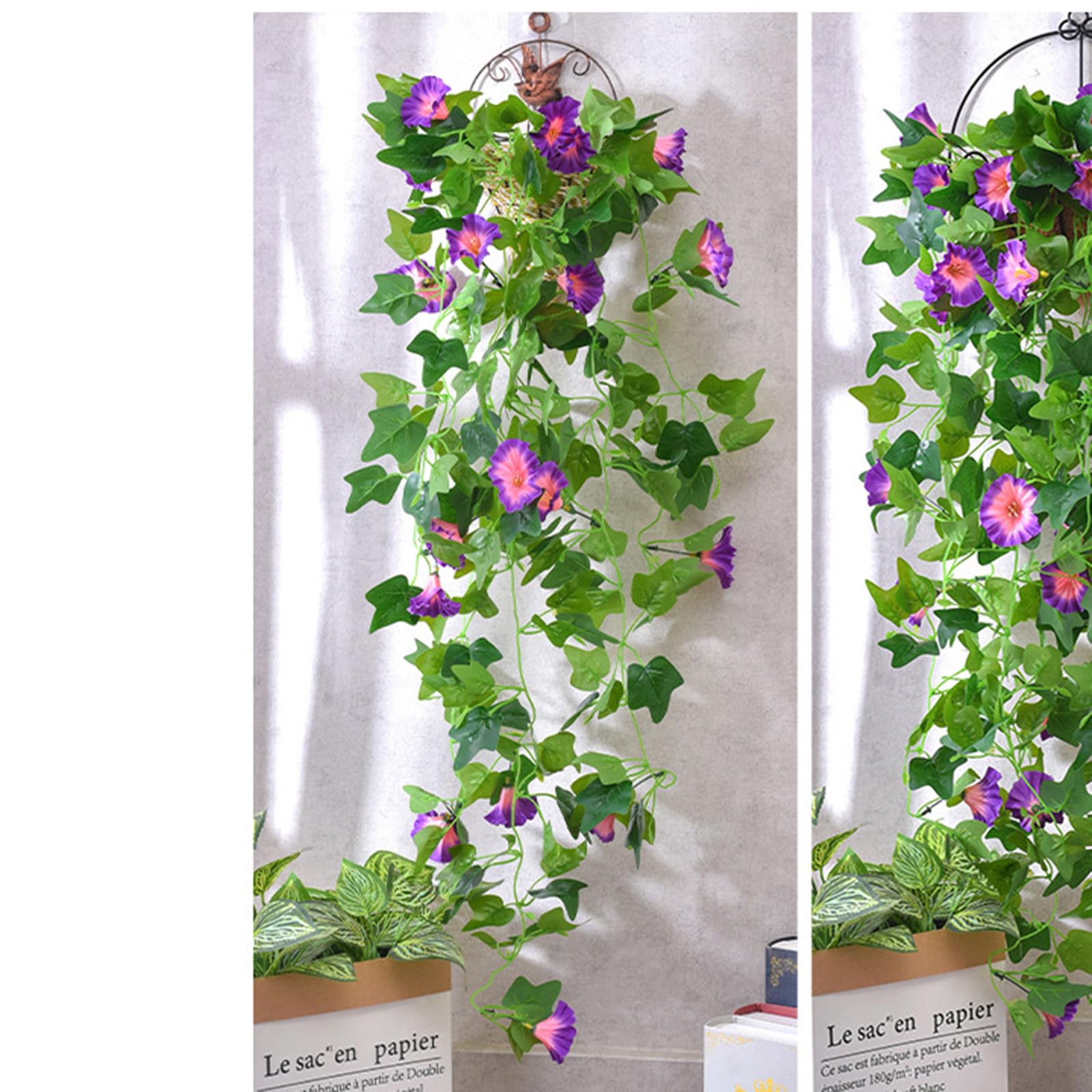 Artificial Hanging Flowers, Fake Flowers Hanging Basket Plant Flower Hanging Plants Flower Bouquet for Garden Wall Outdoor Inside Decoration (Morning Glory Purple)