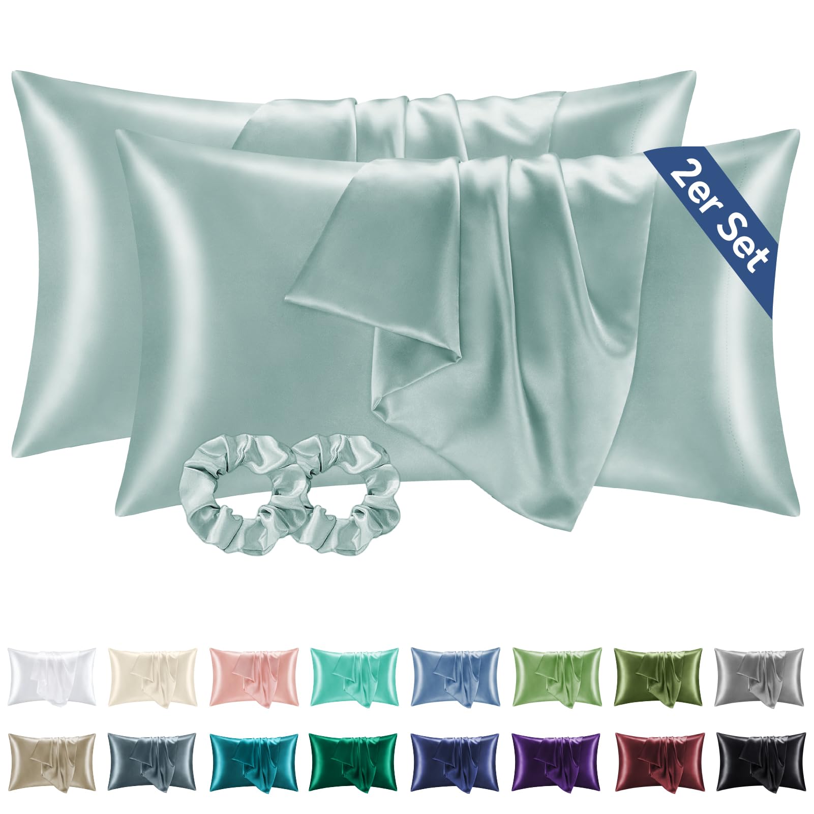 BEDELITE Satin Kissenbezug 40 x 80 Dunstblau - Kopfkissenbezug 2er Set Weich wie Seidenkissenbezug 40x80 Sommer mit 2 Haargummis für Haar und Haut, Similar to Silk Pillowcase Pillow Cover