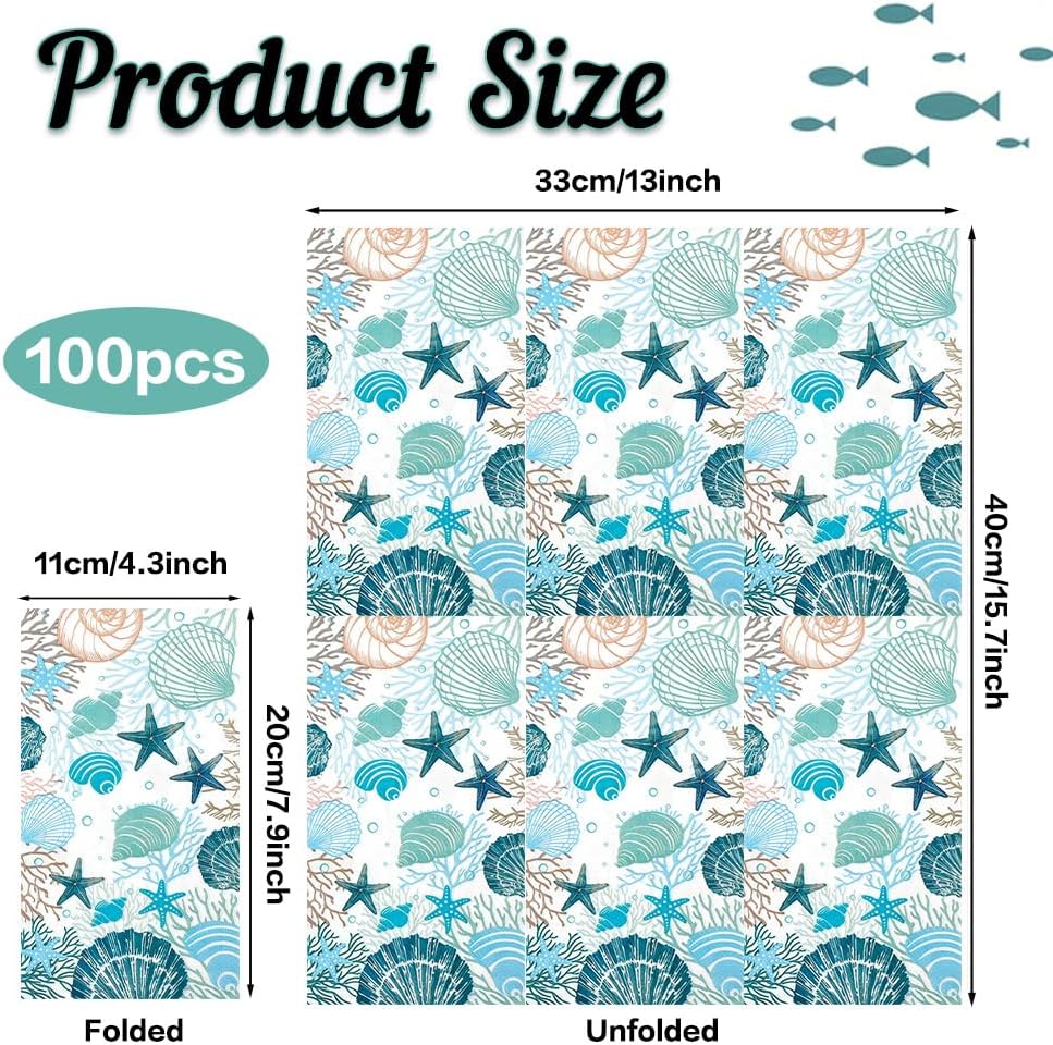Coastal Beach Napkins, 100 Pcs Seashell Paper Napkins Disposable Ocean Napkins Blue Starfish Coral Cocktail Napkin Under the Sea Nautical Napkin Guests Towels for Summer Birthday Wedding Party Decor