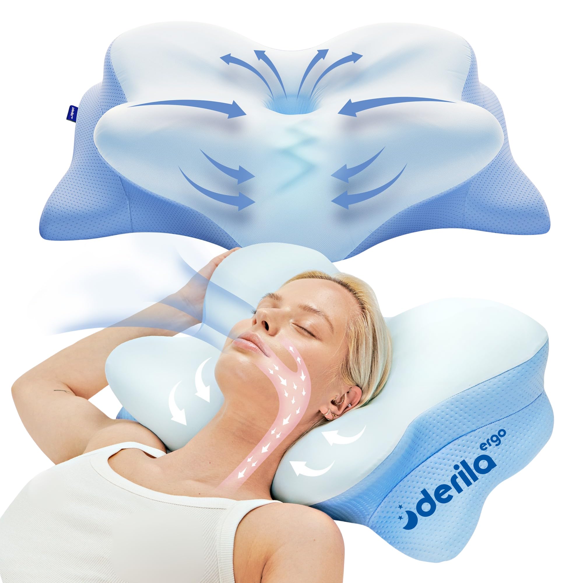 Derila Ergo Cervical Neck Pillow for Sleeping Ergonomic Pillow Contour Neck Support Memory Foam Pillows for Back, Side Sleeper Pillows 21.25 x 14.17 x 4.72 inches