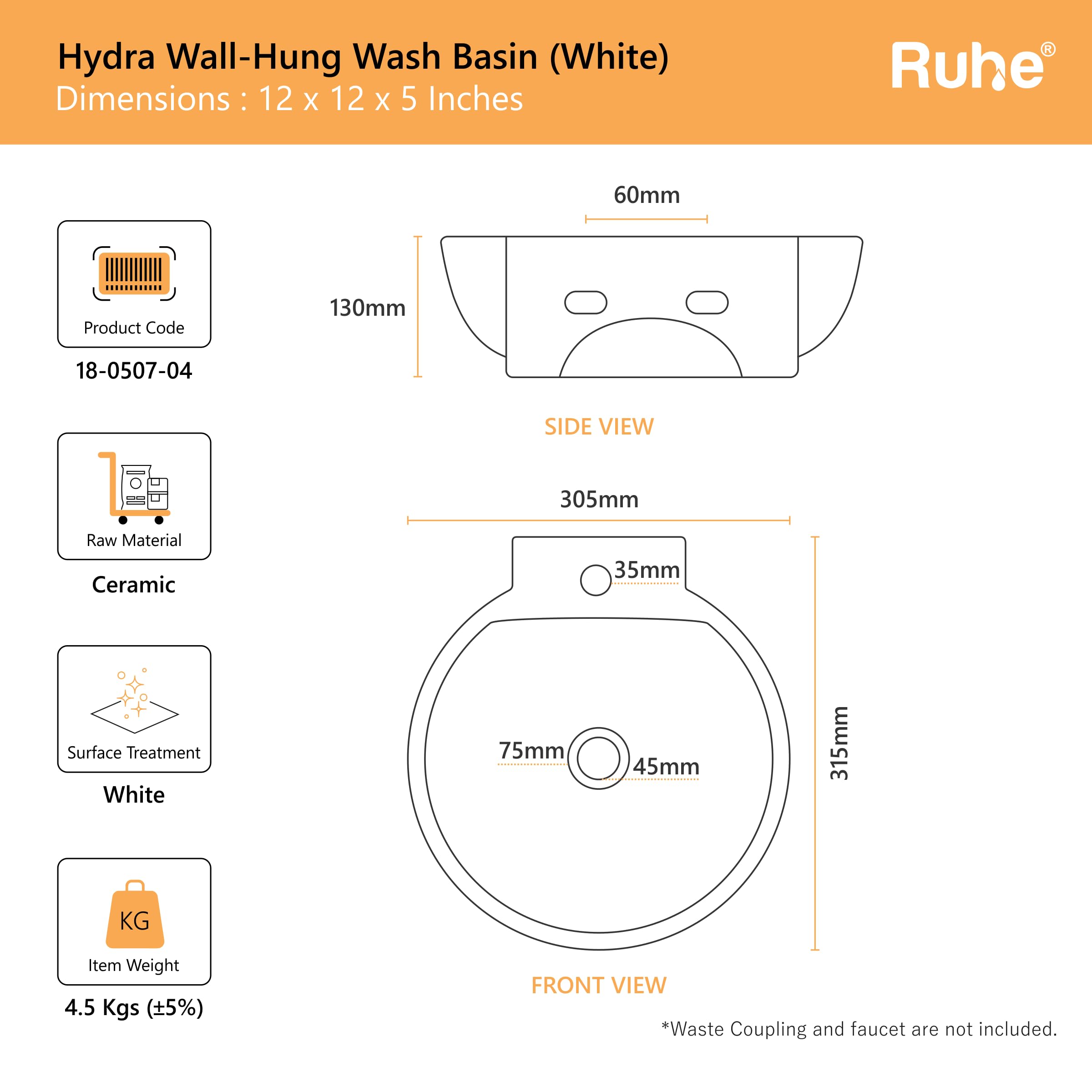 Ruhe® 12x12x5 Inches Hydra Wall-Hung Wash Basin, Scratch & Stain-Resistant Ceramic, Semi-Circular Shape, Glossy Finish, Easy to Clean, Modern Bathroom Sink, White