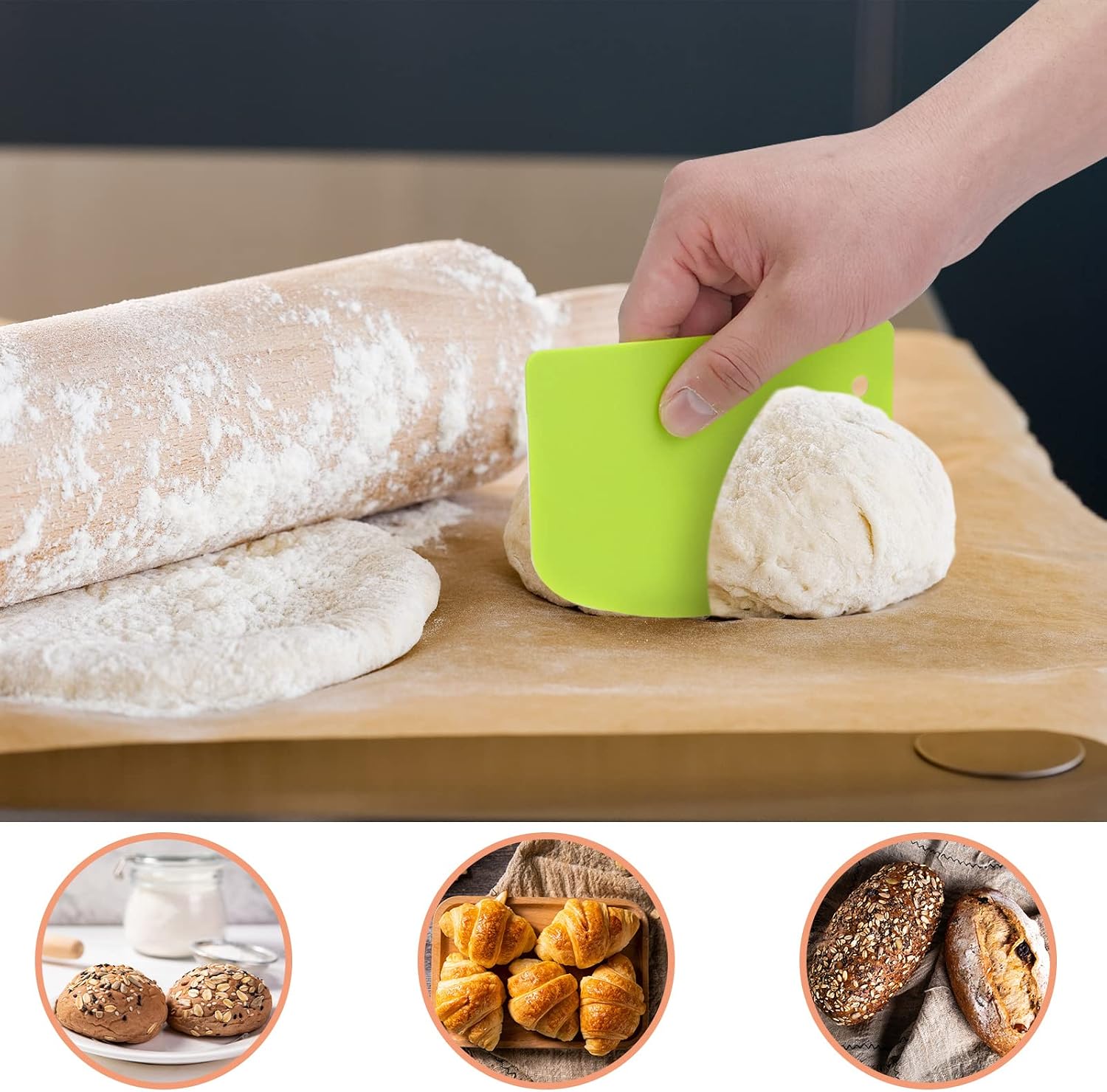 Grafken 2Pcs Dough Scraper Plastic Dough Cutter Bench Scraper Dough Bowl Spatula Multipurpose Food Scrappers Kitchen Tool for Dough, Pastry, Pizza, Bread, Baking Cake Fondant Icing and More