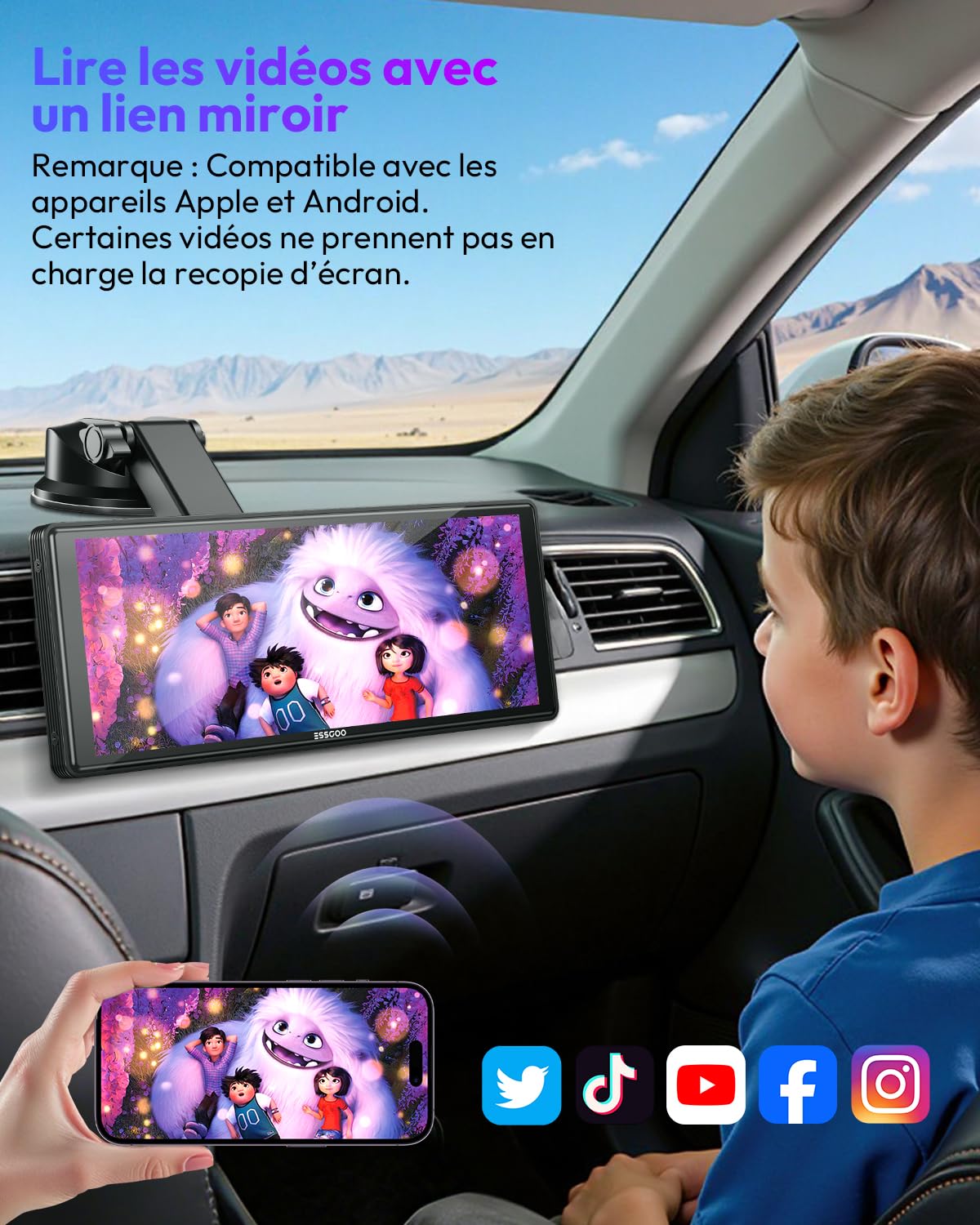 ESSGOO 10.26 Pouces Écran Voiture CarPlay sans Fil avec Caméra de Recul