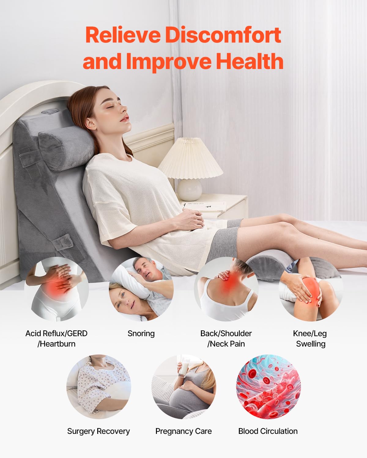 VEVOR Coussin Incliné Lit, Oreiller Triangulaire Orthopédique Réglable, Rembourrage Mousse, Housse Lavable, Coussin de Lecture Lit pour Soulagement Reflux Acide, Soutien Dos, Jambes, Bras, Gris Foncé