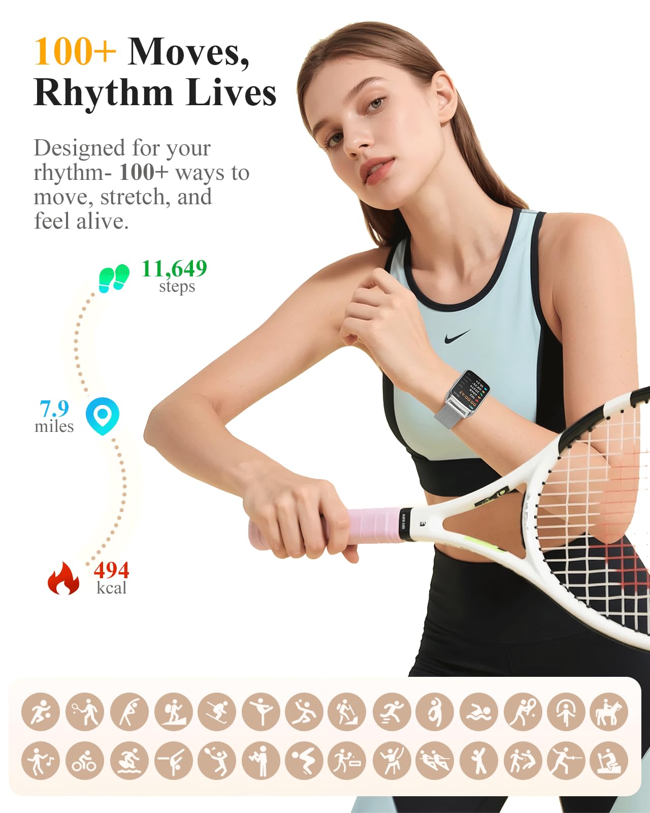 Reloj de seguimiento de fitness para mujeres y hombres, contador de pasos compatible con iPhone Android, IP68, rastreador de actividad impermeable con monitor de calorías y sueño, más de 110 modos