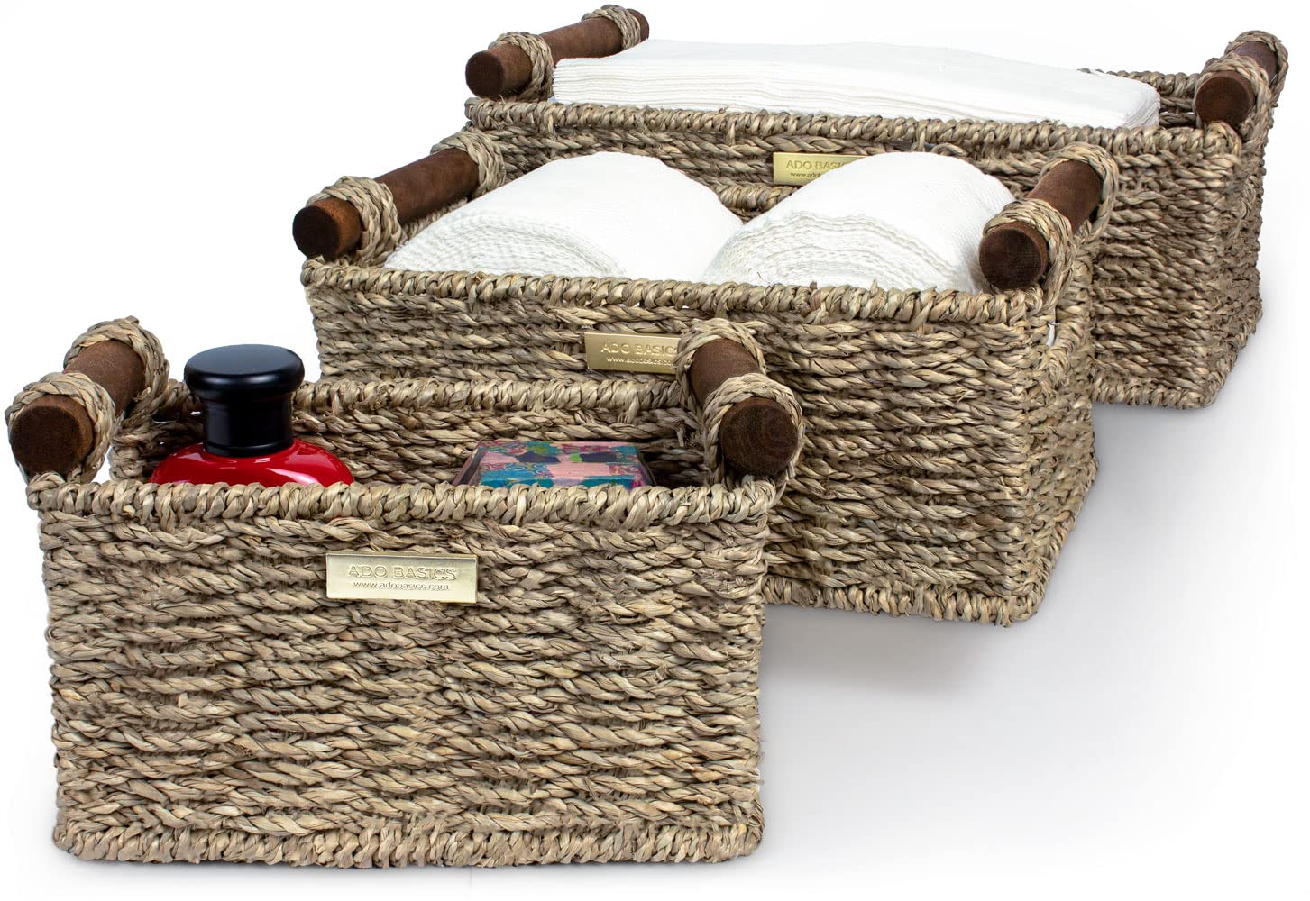 Hand-Woven Small Wicker Baskets, Seagrass Storage Baskets with with Stain Resistant Polished Wooden Handles, 12.5x7x5, 10x6 x5, 8x4.7x5 inches, 3-Pack