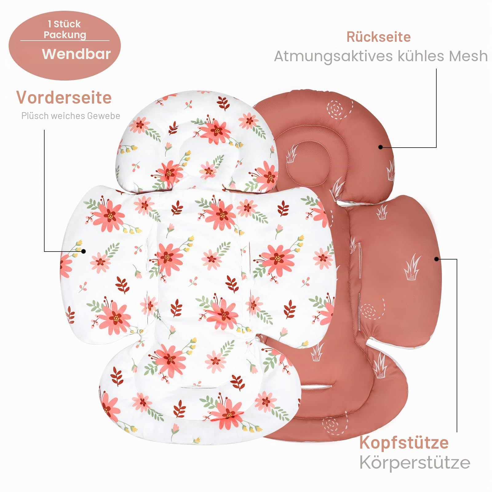 KAKIBLIN Säuglings-Autositz-Einlage, Baby-Autositz-Kissen, Autositz-Kopfstütze für Säuglinge, Atmungsaktive Reversible Autositz-Einlage-Unterstützung für Neugeborenen-Kinderwagen, Babyschaukel