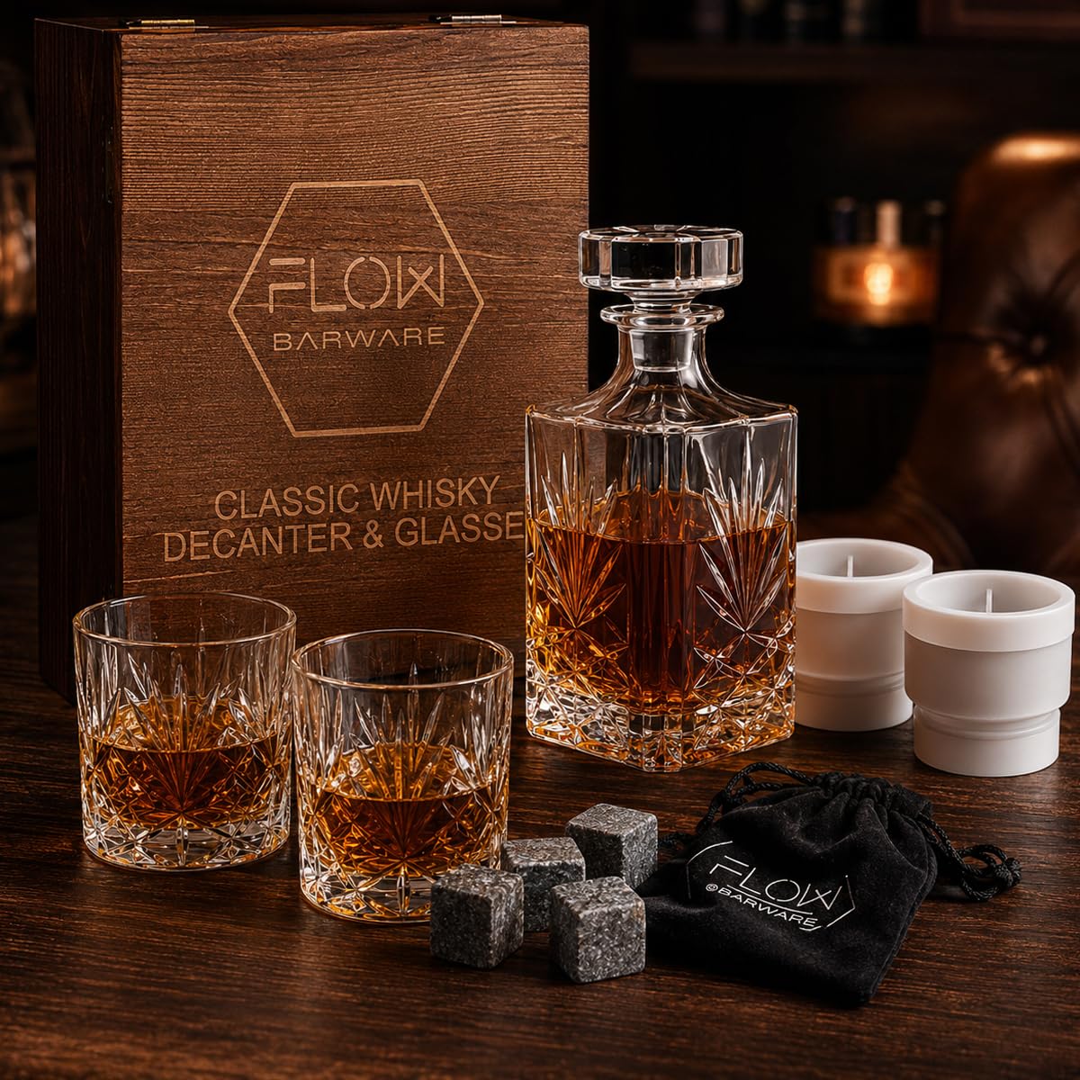Flow Barware Coffret cadeau carafe à whisky et verres | Carafe à whisky 750 ml, lot de 2 verres à whisky | Pierres à whisky et boîte en bois | Coffret cadeau whisky pour homme