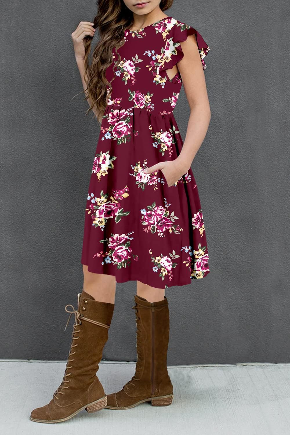HOSIKA Girls Floral Dress Boho Ruffle Sleeve Pleated Casual Swing Dresses with Pockets for Kids 6-12 Years - Image 3