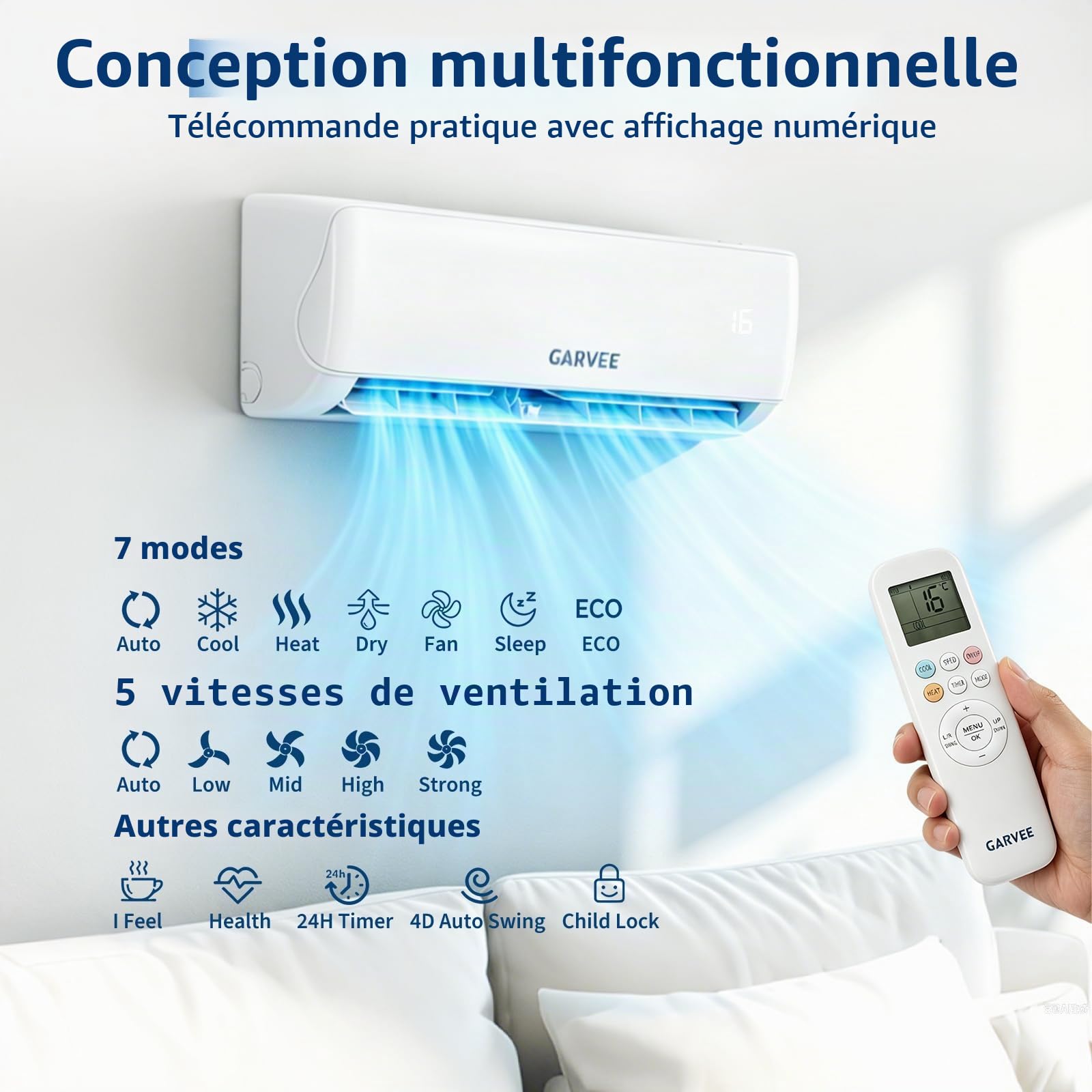 Climatiseur Split Reversible, 3.5KW Climatiseur Mural, 12000BTU,Climatisation Split Silencieuse, Refroidissement A++/Chauffage A++, Clim Reversible, Réfrigérant R32, Wifi, Auto-Nettoyage