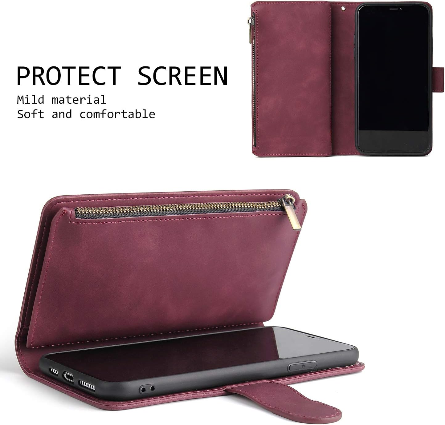 UEEBAI Wallet Case for iPhone 7 Plus/iPhone 8 Plus, PU Leather Case Magnetic Closure Handbag Zipper Pocket Case Kickstand Card Slots with Hand Strap Marple Flip Case for Women - Wine Red - Image 6