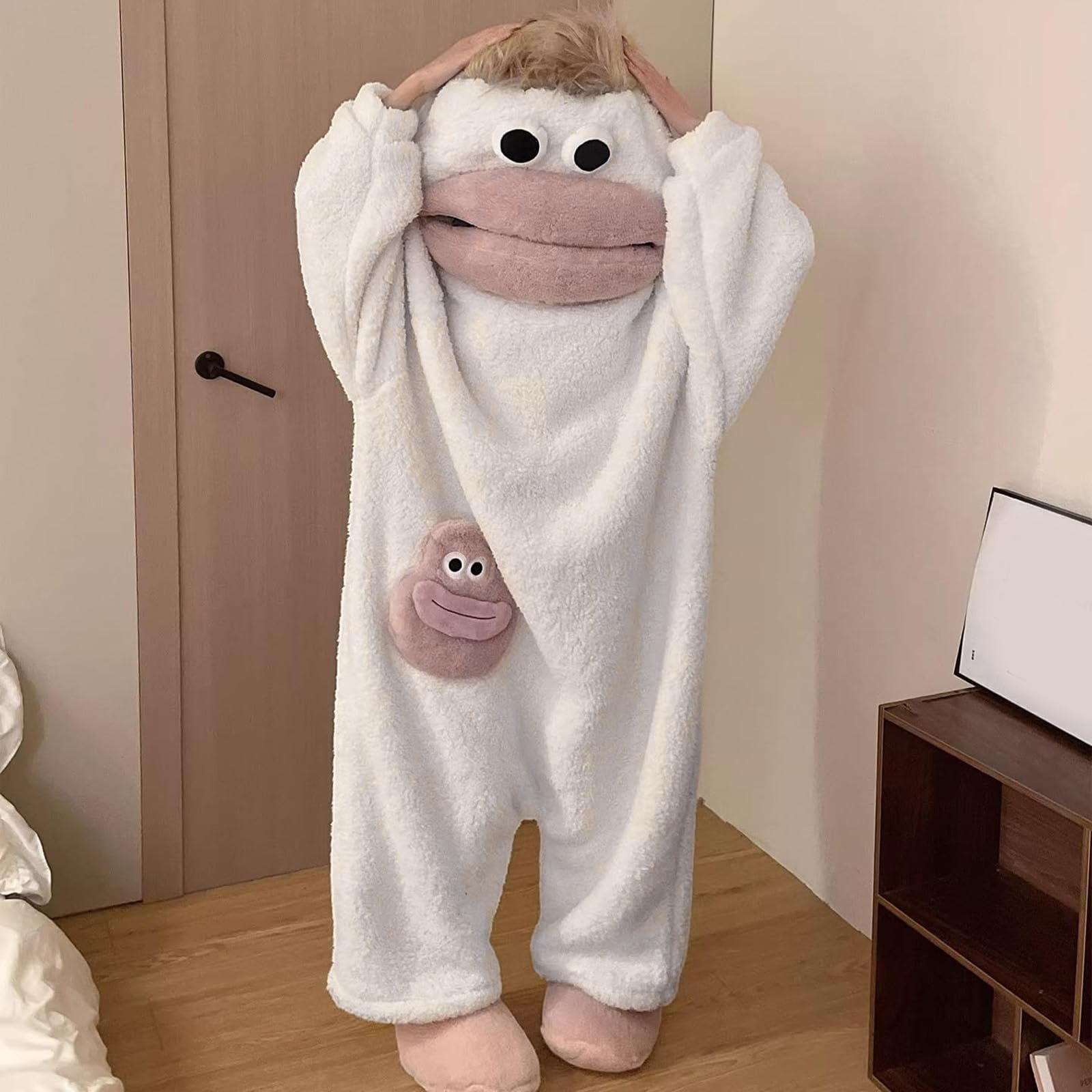 Silly Onesie Boys Girls Jumpsuit Unisex Ultra Soft Plush Hooded Onesie Overall Green Funny Monster Hooded Jumpsuits Silly Big Mouth Jumpsuit for Movie Nights Family Fun & Cozy Relaxing - Image 3
