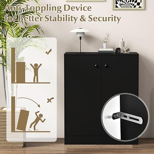 Miniatura 8 de LOKO Armario de almacenamiento de 2 puertas, armario de piso moderno con estante de 3 niveles, gabinete lateral independiente con dispositivo