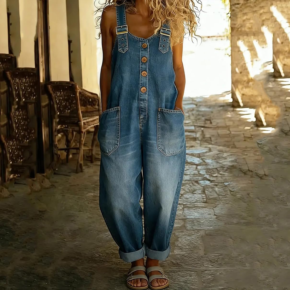 XUSAI Salopette da Donna in Denim Vintage Invecchiato Anni '90, Senza Maniche, vestibilità Ampia, Orlo Arrotolato, Gamba Dritta, Tuta in Jeans con Tasche