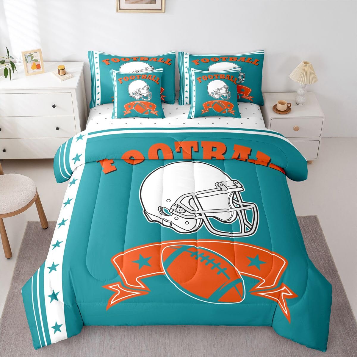 Miami Bettdecken-Set für Sportfans, Motiv: American Football Team, Delfin-Bettwäsche-Set für Sportfans, 1 Bettdecke, 1 Bettlaken, 1 Spannbetttuch, 2 Kissenbezüge, 2 Kissenbezüge (Miami)