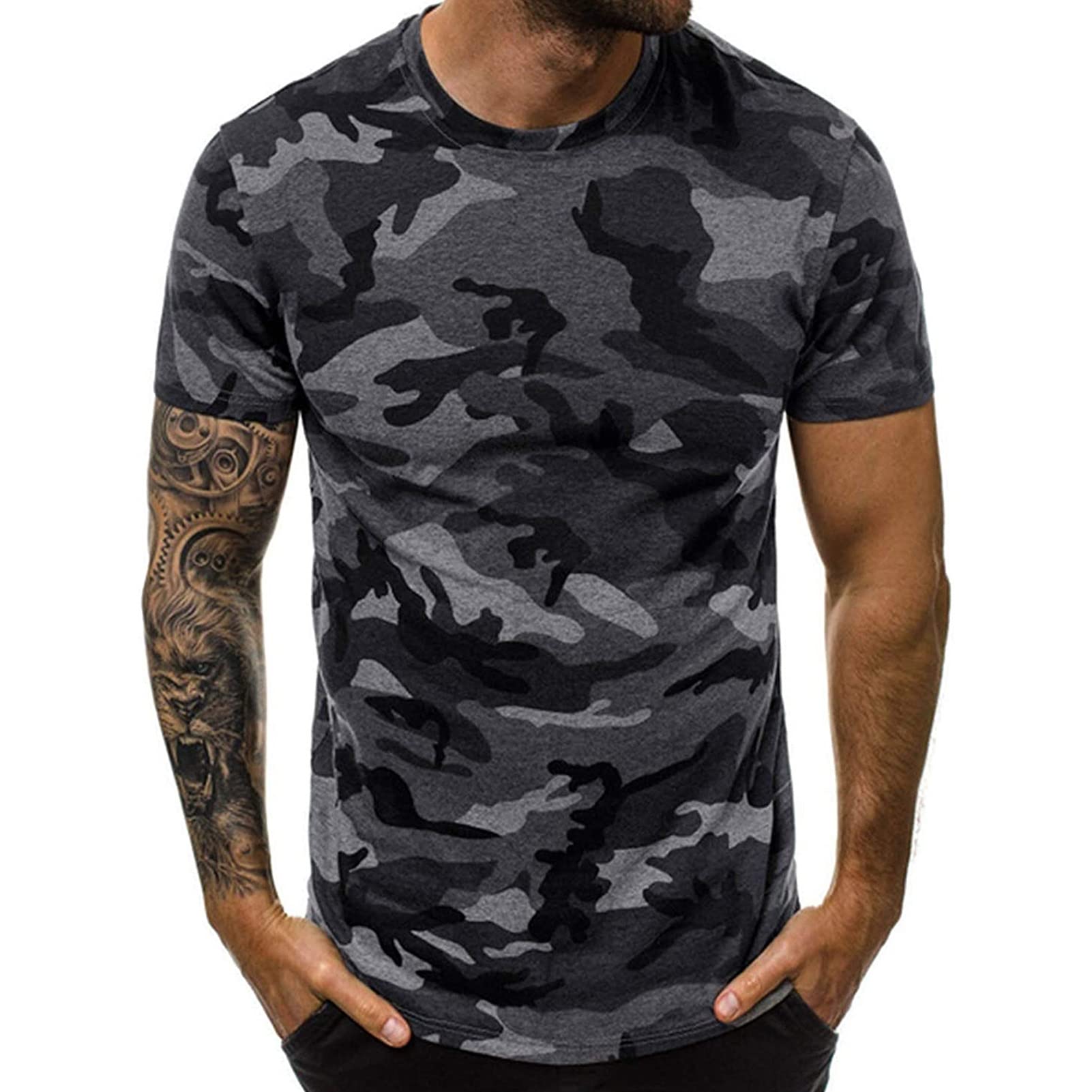 Men's Camo Crewneck Athletic T-Shirt Stretchy Camouflage Short Sleeve Shirt Tops Workout Military Pullover Tees (Dark Grey,3X-Large)