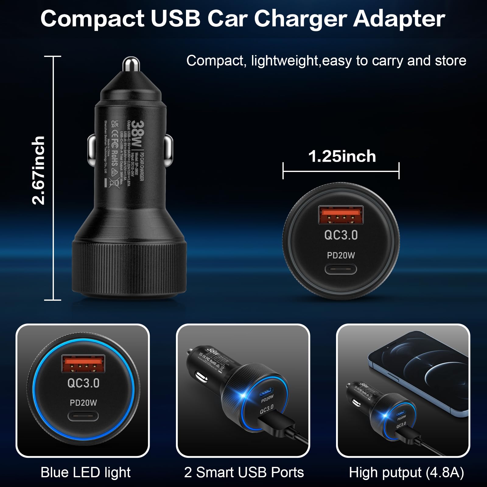 Confezione da 5 caricabatterie da auto USB C, adattatore per accendisigari a ricarica rapida da 38 W, multi porta Boxeroo PD/QC 3.0 Cargador para Carro, adattatore per presa auto per iPhone 16, iPad