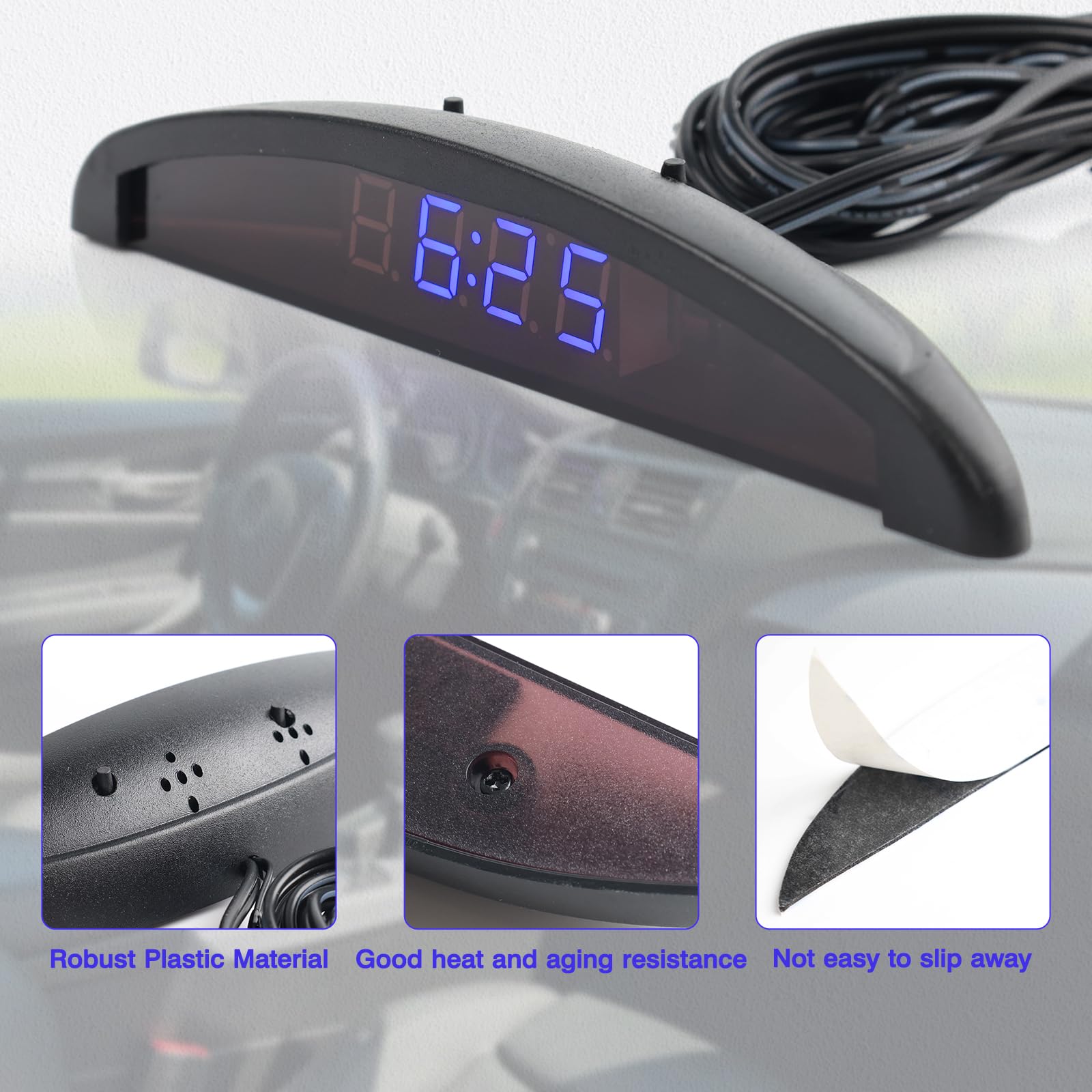 Riloer Orologio temperatura auto, Universal Auto Cruscotto Orologio Digitale Termometro Tensione con Display LCD per Interni Auto, Blu