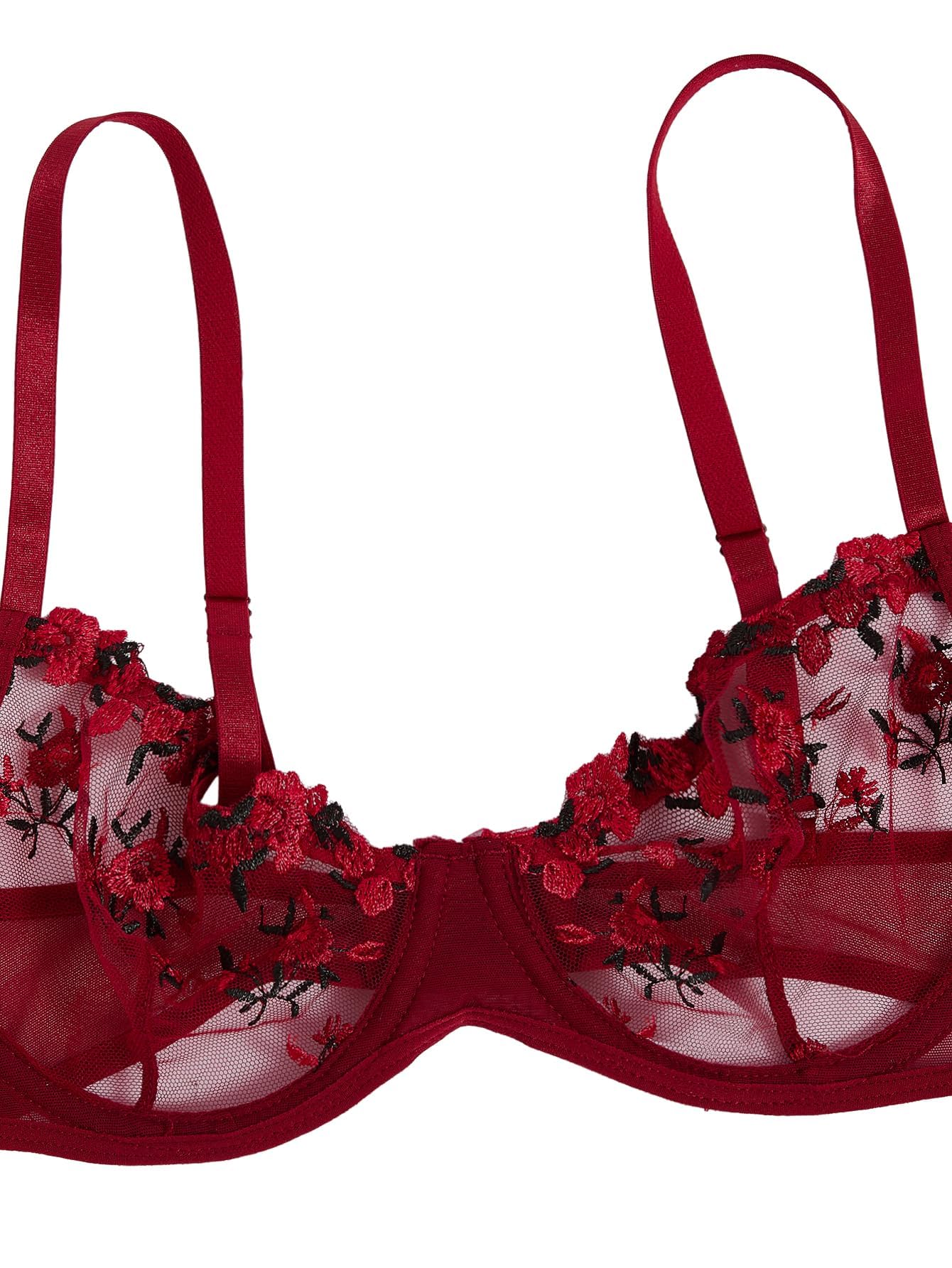 ROSVAJFY Sexy Dessous-Sets für Damen Blumen Bestickt Netz 2 Teiliges Unterwäsche Set Bügel BH und Slip Set Transparent Spitze Reizwäsche Flirty Lingerie Frauen Babydoll Dessous S-XL