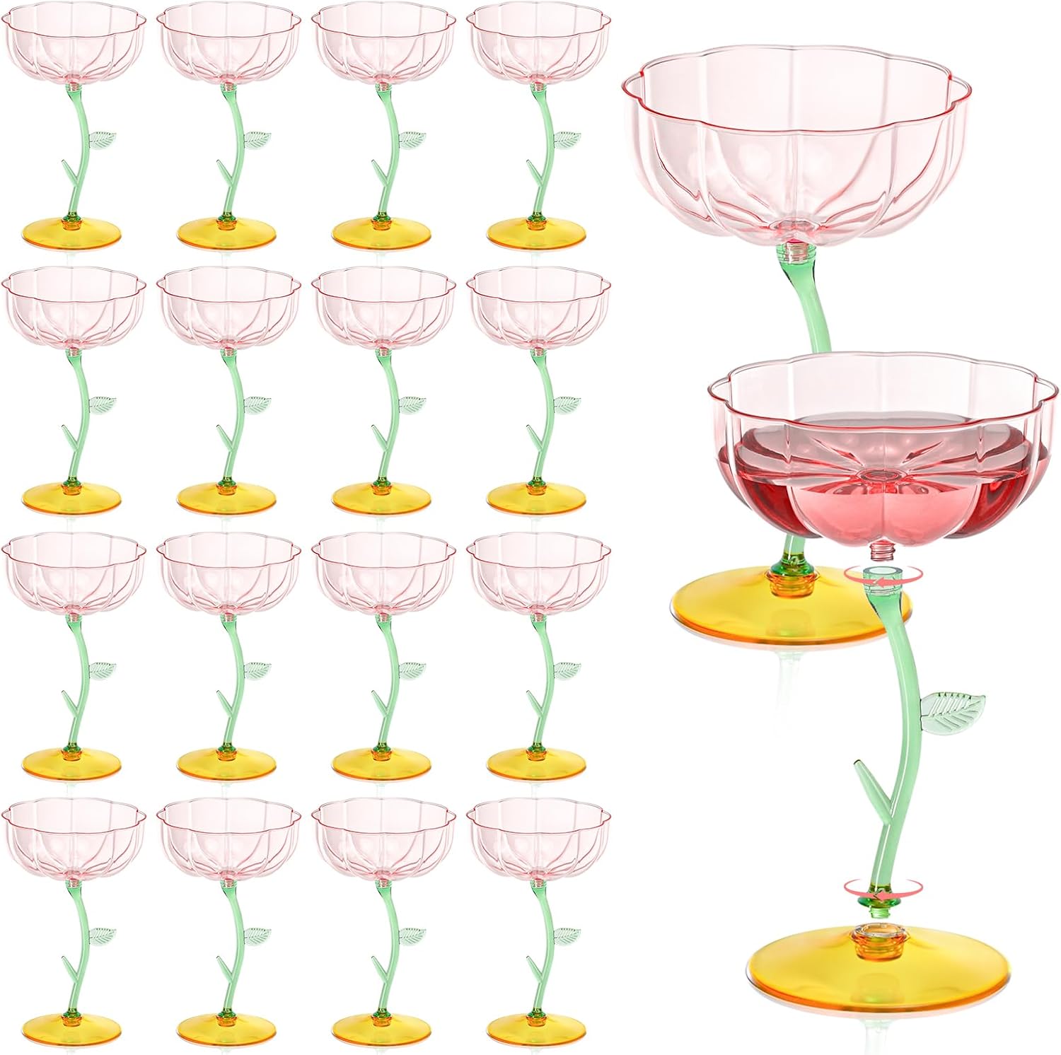 24 Pcs Pink Plastic Ribbed Coupe Glasses Detachable 7oz Flower Cocktail Glasses Modern Wavy Plastic Cocktail Coupes Disposable Martini Glasses Mimosa Glassware champagne goblets (24, PInk)