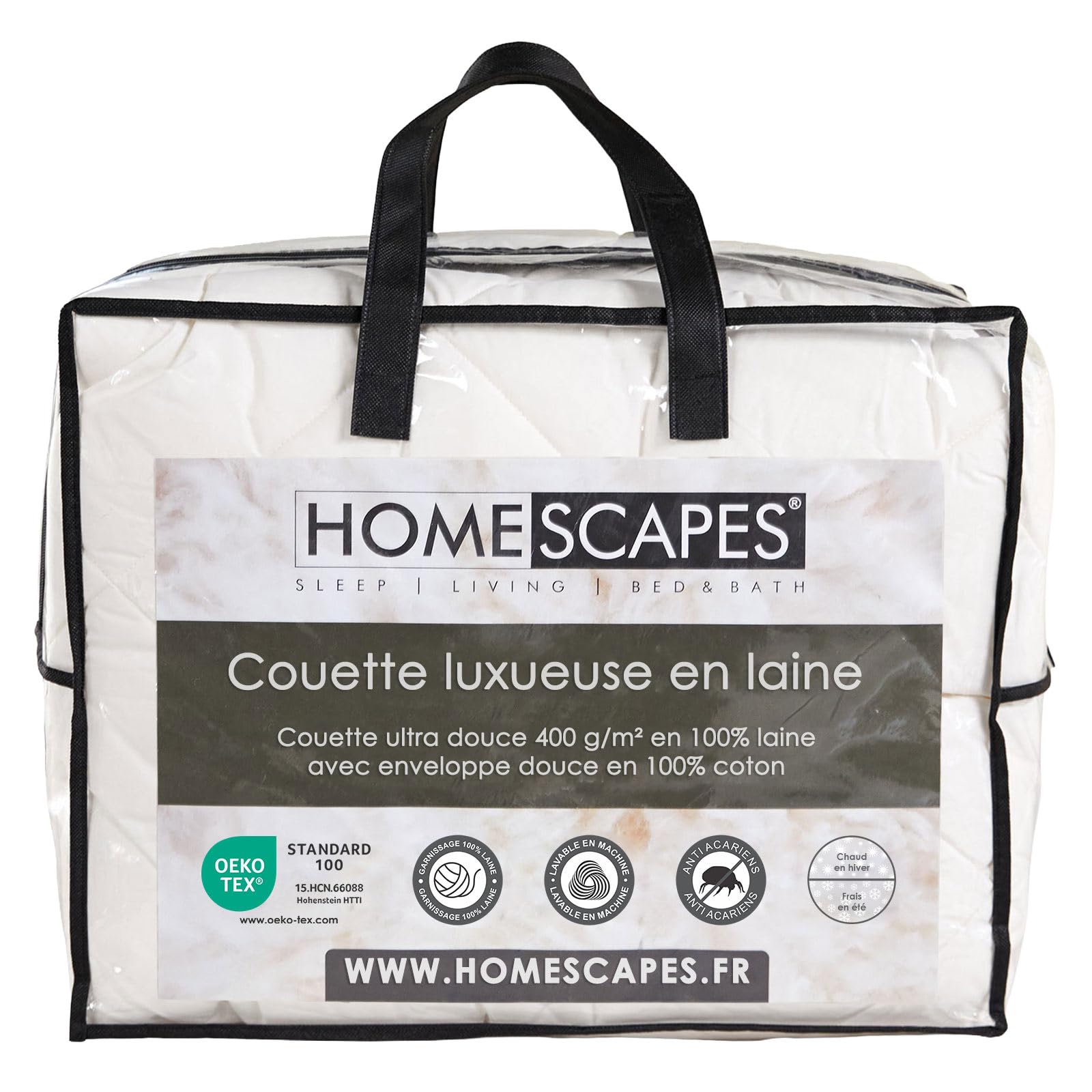 Couette 200x200 cm en laine anti-acarien HOMESCAPES protégeant les personnes allergiques en hiver