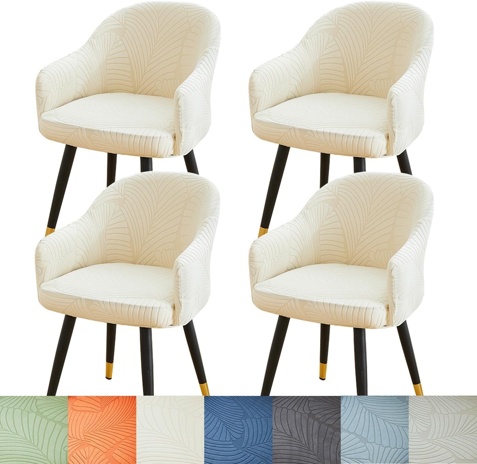 Curved Back Dining Chair Covers with Armrest, Stretch Accent Dining Room Chairs Covers Slipcovers with Arms, Office Desk Chair Covers, Swivel Armchair Cover Protector for Vanity (Beige, 4PCS)
