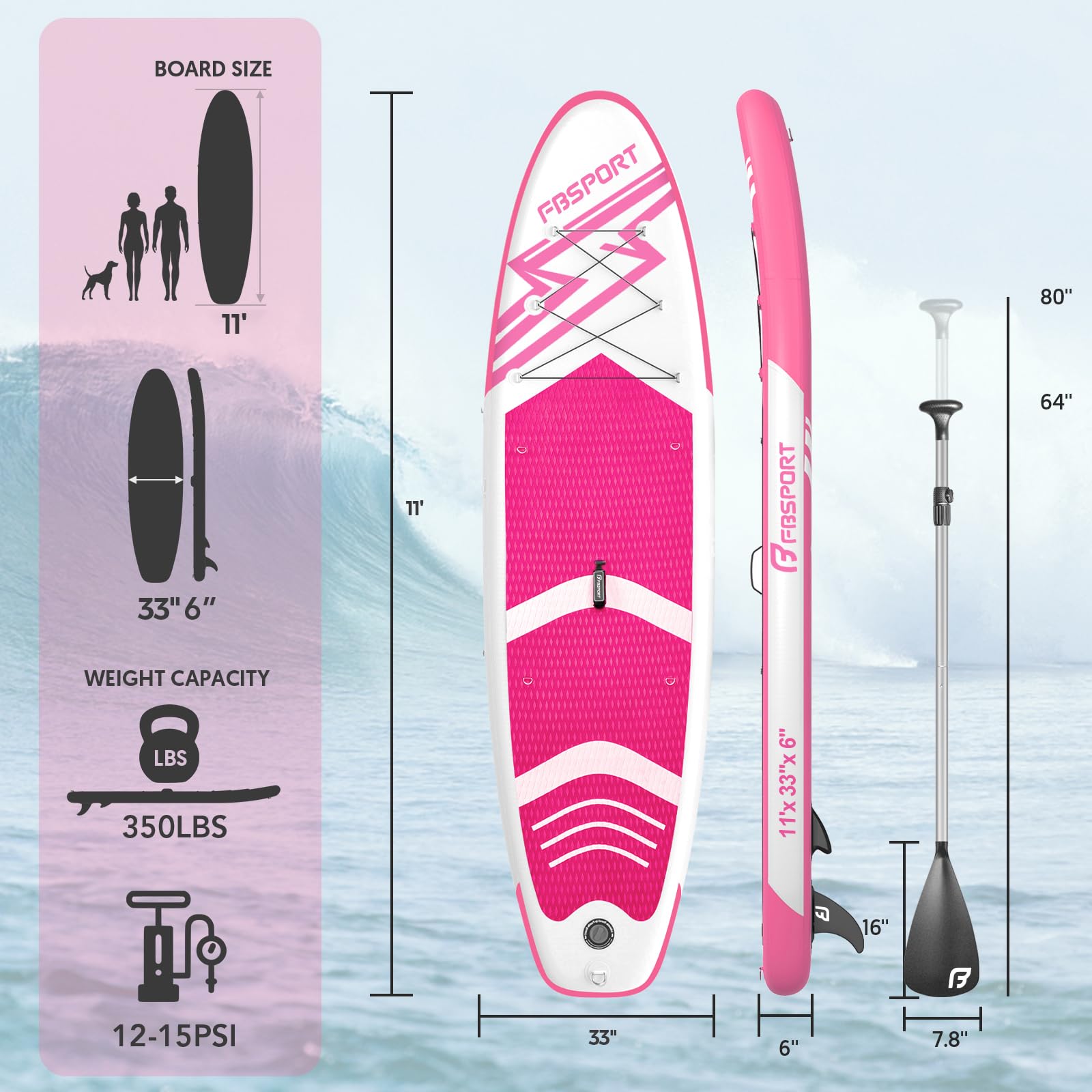 FBSPORT Tavola da SUP Gonfiabile SUP, Stand Up Paddling Board, Stand Up Paddle Board Gonfiabile per Stand Up Paddling 15CM Spessore, Surf con Alluminio Regolabile SUP Paddle + Pompa