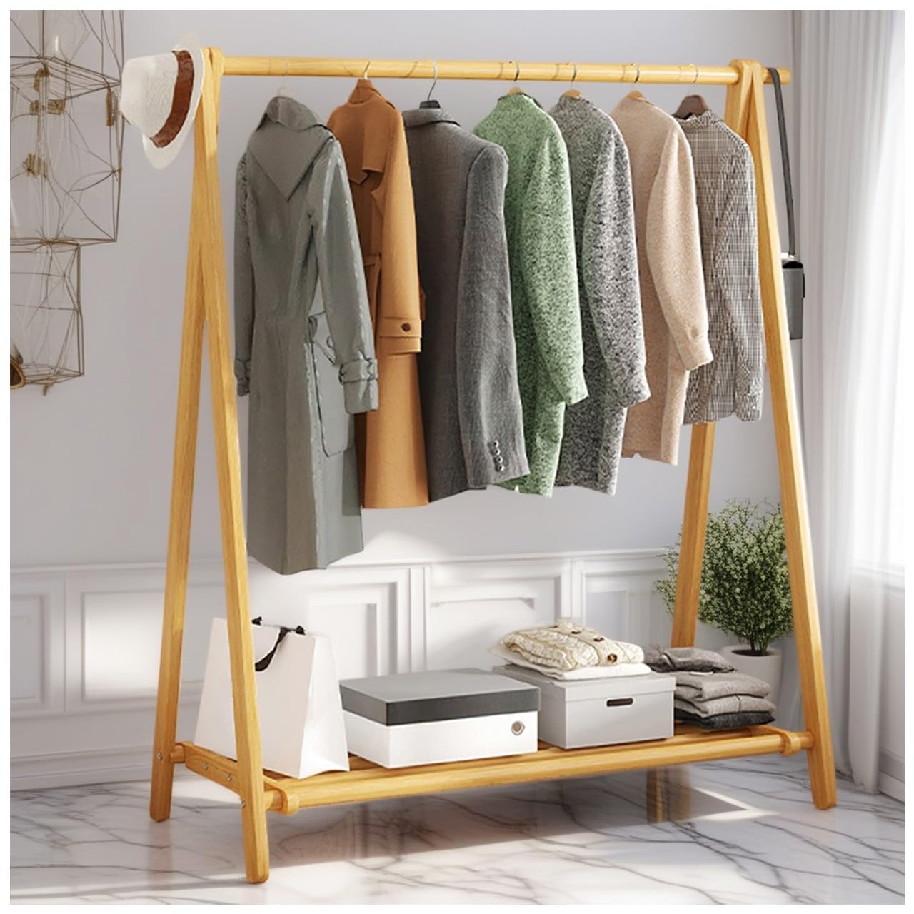 FGXHHS Foldable Wooden Coat Rack Stand with Sto Shelf, Garment for Clothes, Maximum Load 100kg, Available in 60/80/100/120CM Sizes