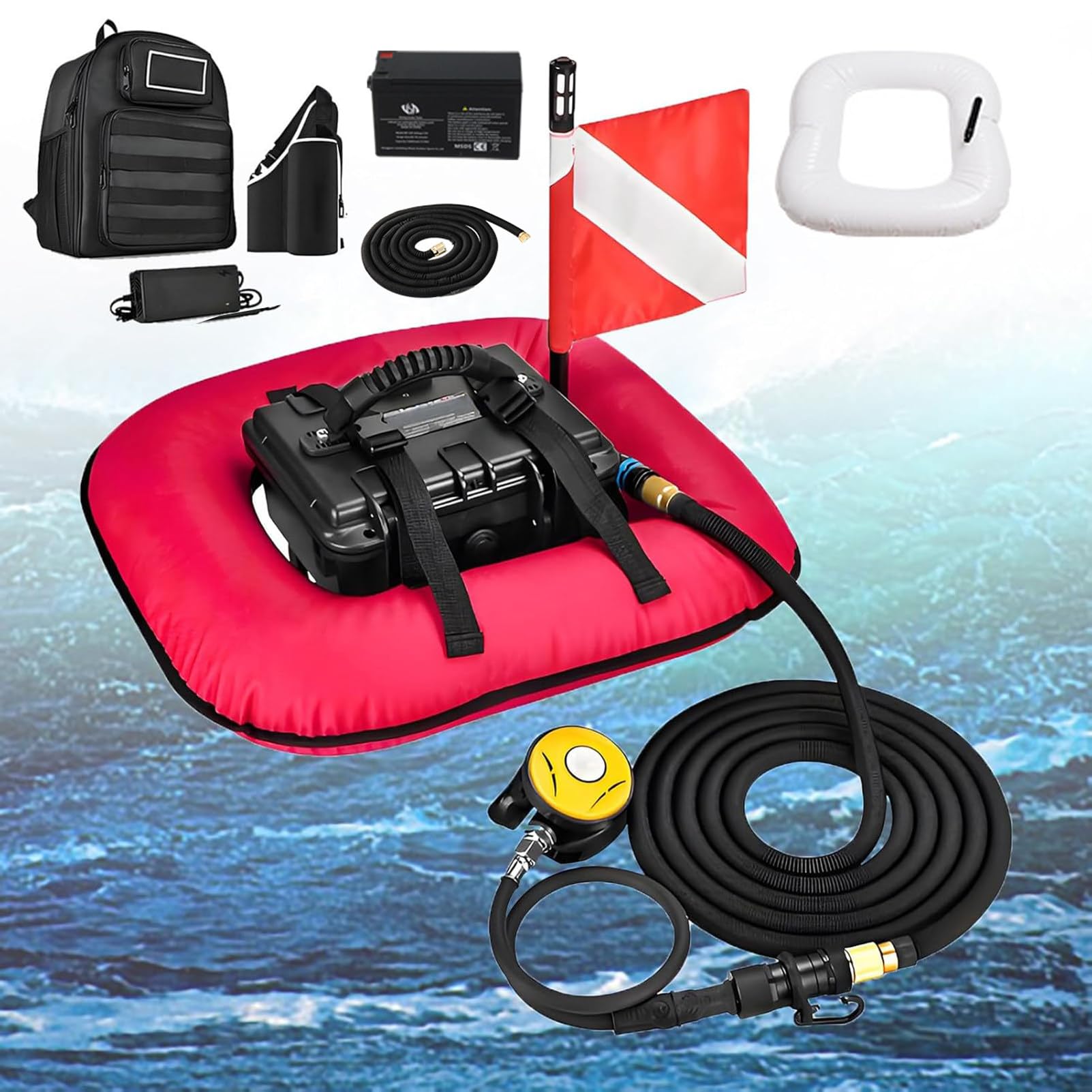 NzEupno Scuba Diving Ventilator, Waterproof Portable Rechargeable Dive System, Underwater Breathing Device with Telescopic Pipe & Diving Breathing Regulator Red-2Battery