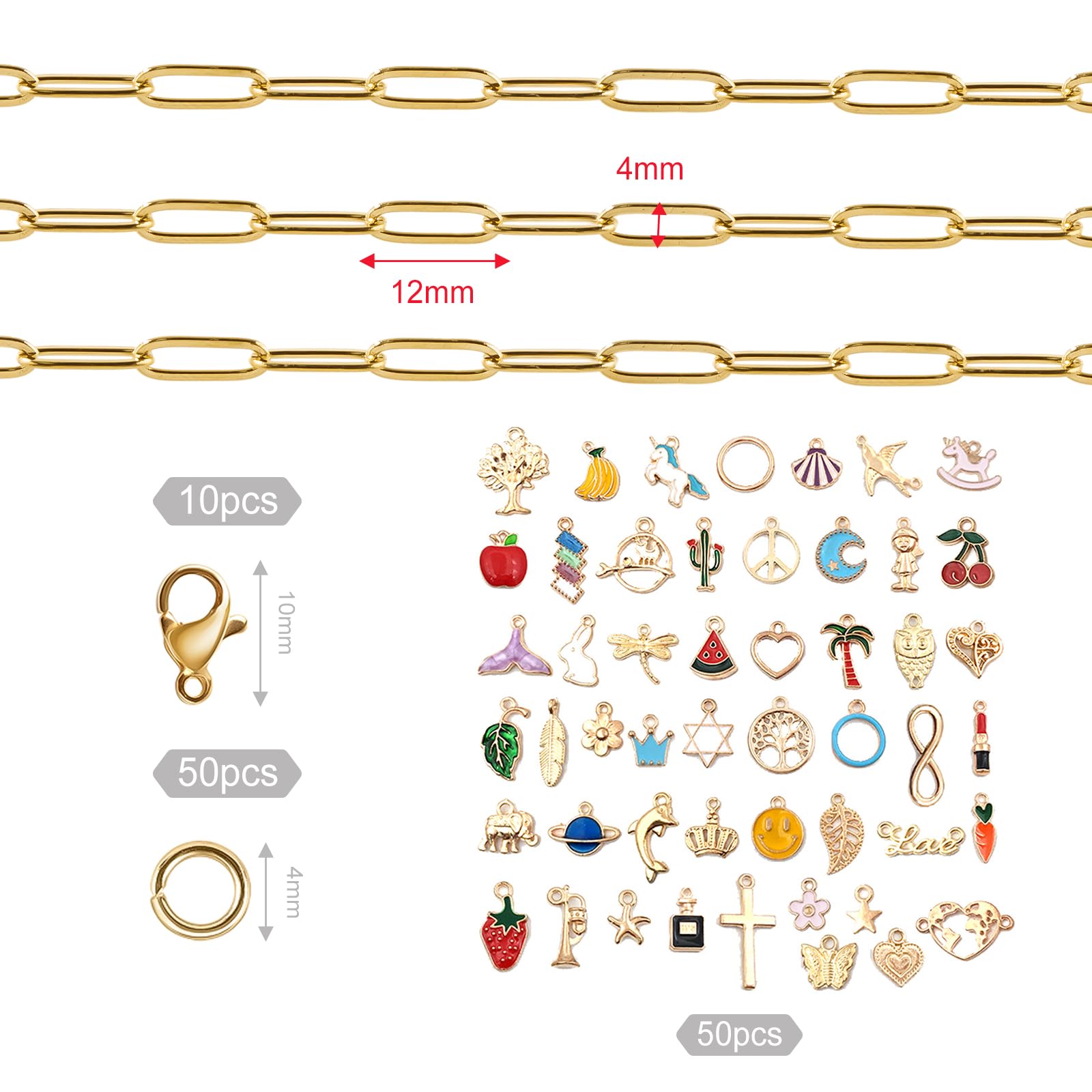 GTVOODX Necklace Chains for Jewelry Making, 16.4 Feet Paperclip Stainless Steel Gold Filled Chain Bulk Jewelry Making Supplies with Charm Pendants Jump Rings Lobster Clasps