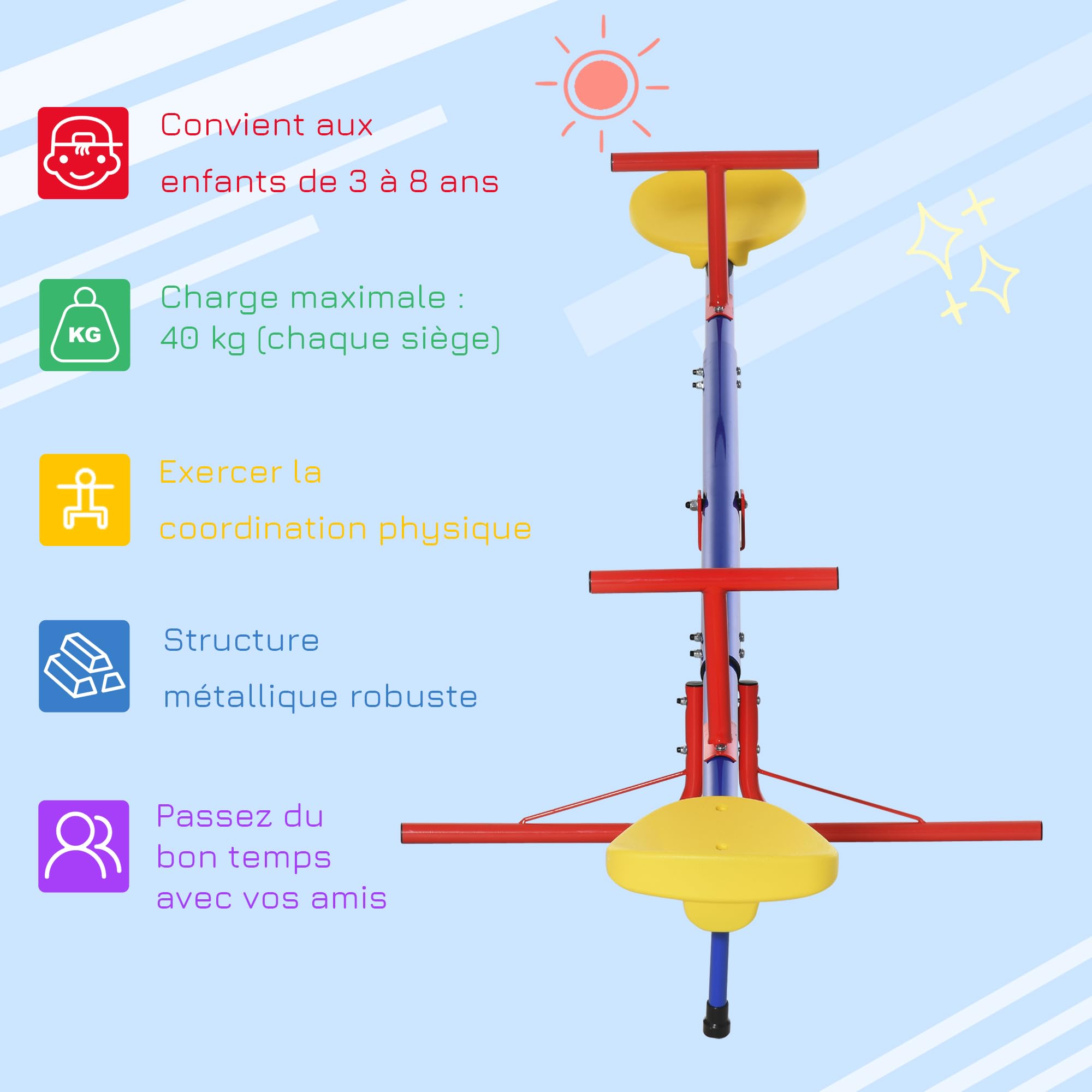 Outsunny Balançoire à Bascule 3 à 8 Ans 184 x 76 x 71 cm Multicolore | Trébuchet Rotatif 360°, Pied 4 Tiges, Poignée, Métal PP, Extérieur