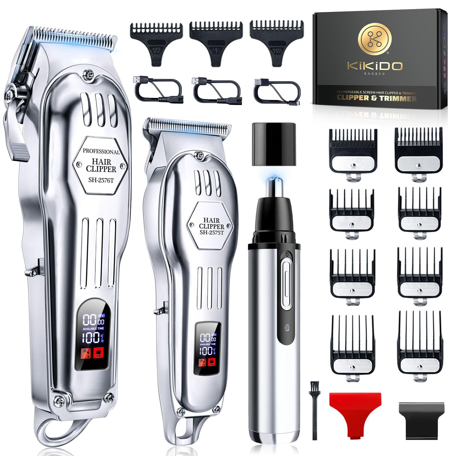KIKIDO Professional Mens Hair Clippers, Cordless Barber Clipper and Trimmers Set, Nose Hair Beard Trimmer, Hair Cutting Machine Haircut Grooming Kit (Sliver-3)