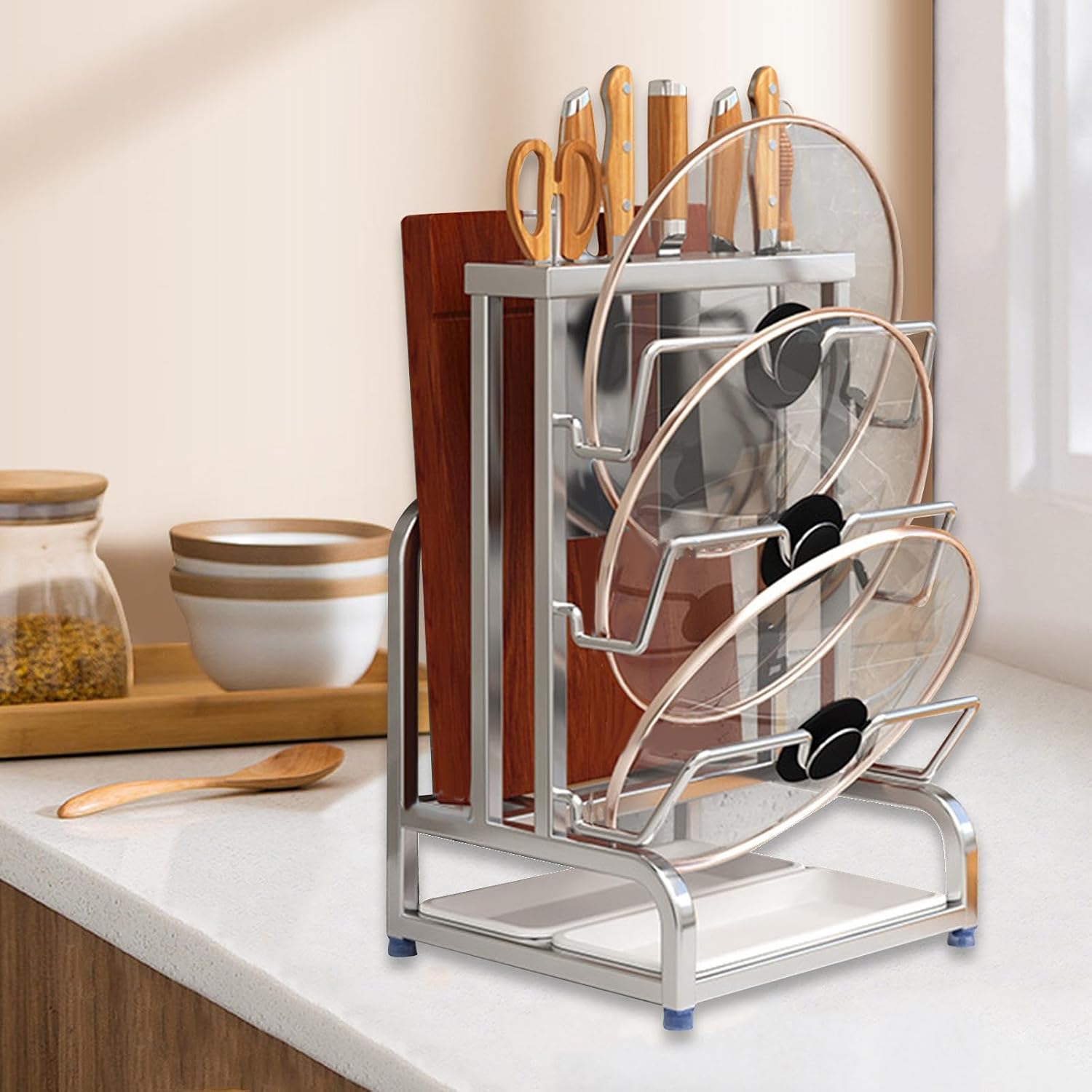 Cutting Boards, Knife Organizer, Pot/Pan Lid Holder, Countertop Storage Rack, Kitchen Utensil Holder for Countertop Cabinets, 3 Layer