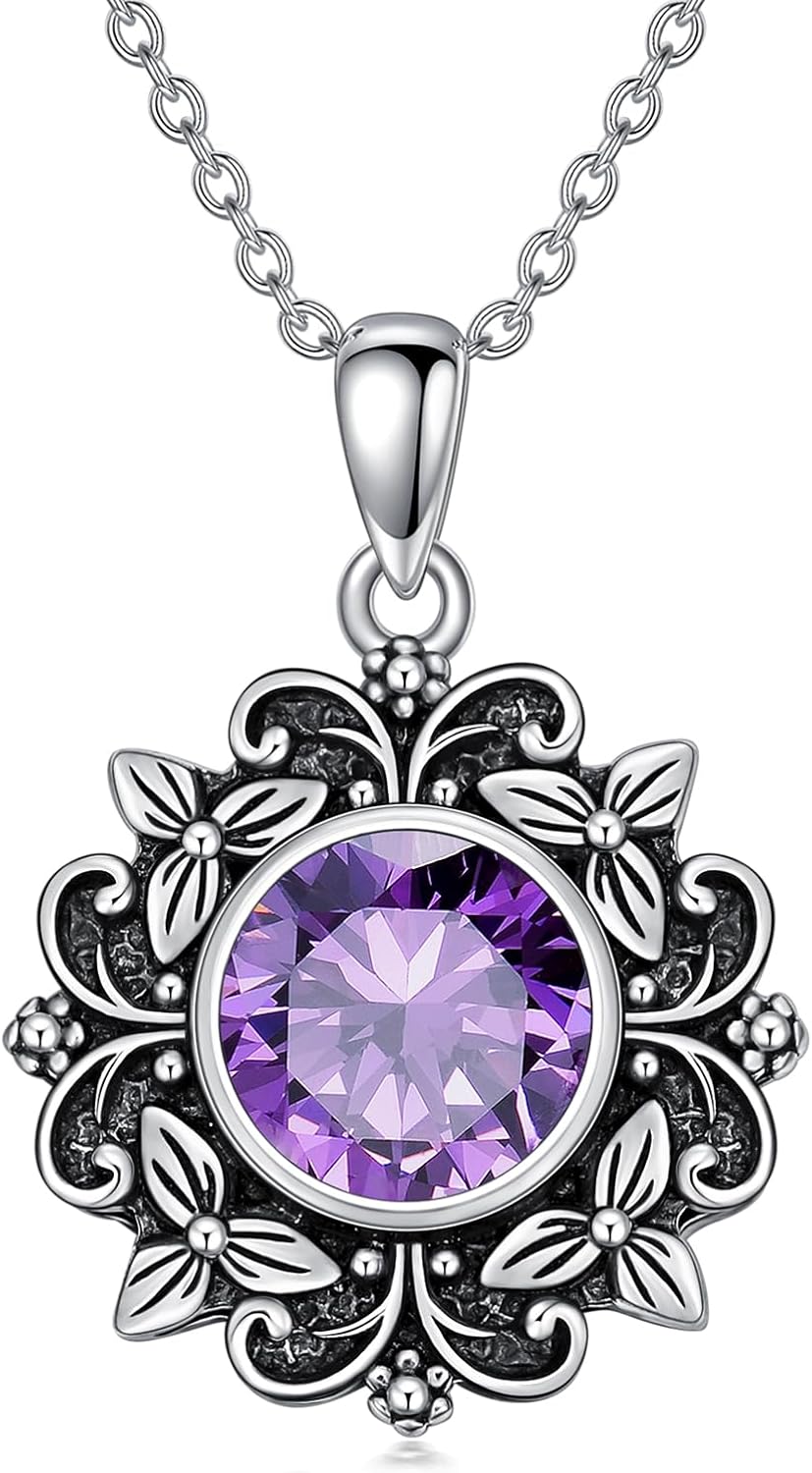 Vintage Floral Necklace for Women, Sterling Silver Natural Gemstone Pendant, Boho Jewelry Gift for Her, Mom, Grandma, Wife