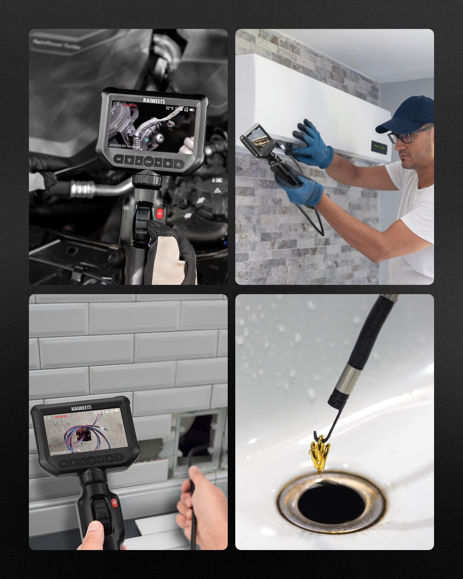 KAIWEETS Camera Endoscopique, 4.3" 1080P HD Endoscope avec Molette de Défilement, Rotation Bidirectionnelle à 210 °, 2M Caméras D'inspection IP67 Étanche pour l'inspection Automobile et de Tuyaux