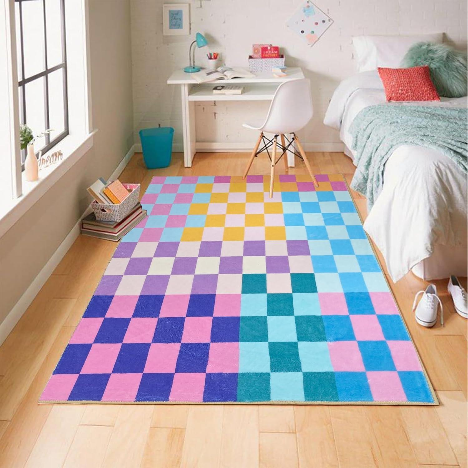 Multicolored Checkered Rug 4x6 Modern Bedroom Funky Area Rug Checkered Washable Colorful Area Rug Soft Non-Slip Low-Pile Carpet for Nursery Dorm Kitchen Living Room Deco 4' x 6' (Rectangular) Colorful Checkered