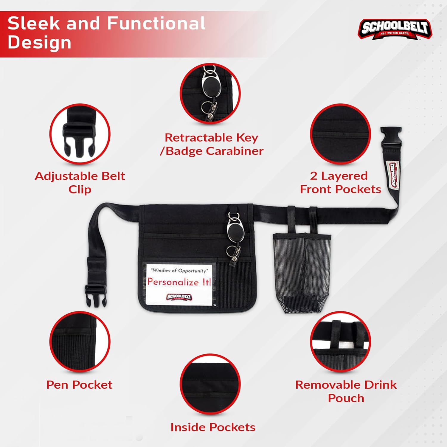 Mini -Premium Hip/Waist Pouch/Belt Clip / 6 Pocket -2-Sided/Drink Pouch/Key Carabiner/ID Sleeve (Up to 54" Waist)