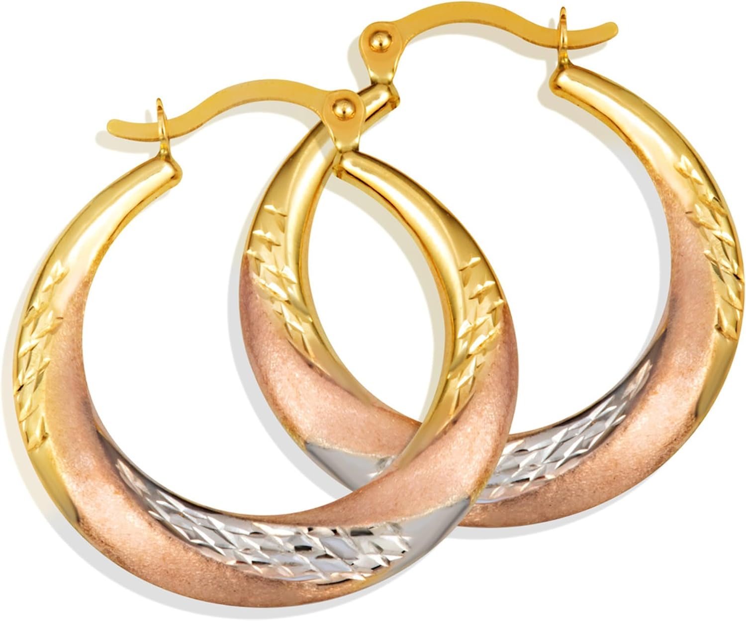 Gold Sparkle Cut Striped Hoop Earrings for Women | 10K or 14K Tri-Color Yellow, White, and Rose Gold