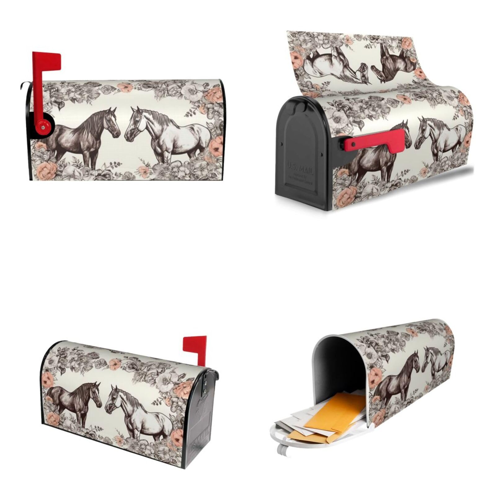 Flowers and Horses Hand Drawn Mailbox Covers Magnetic Wraps Post Letter Box Cover Garden Home Decor 25.5x21 in