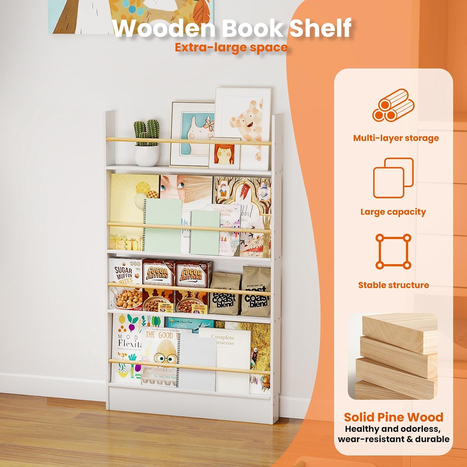 Behind the Door Bookshelf 4 Tier Wall Mounted Bookshelf for Kids, Storage Book Shelf White Slim Narrow Bookcase for Magazines, Books & Collectibles for Bedroom Kid Room Living Room