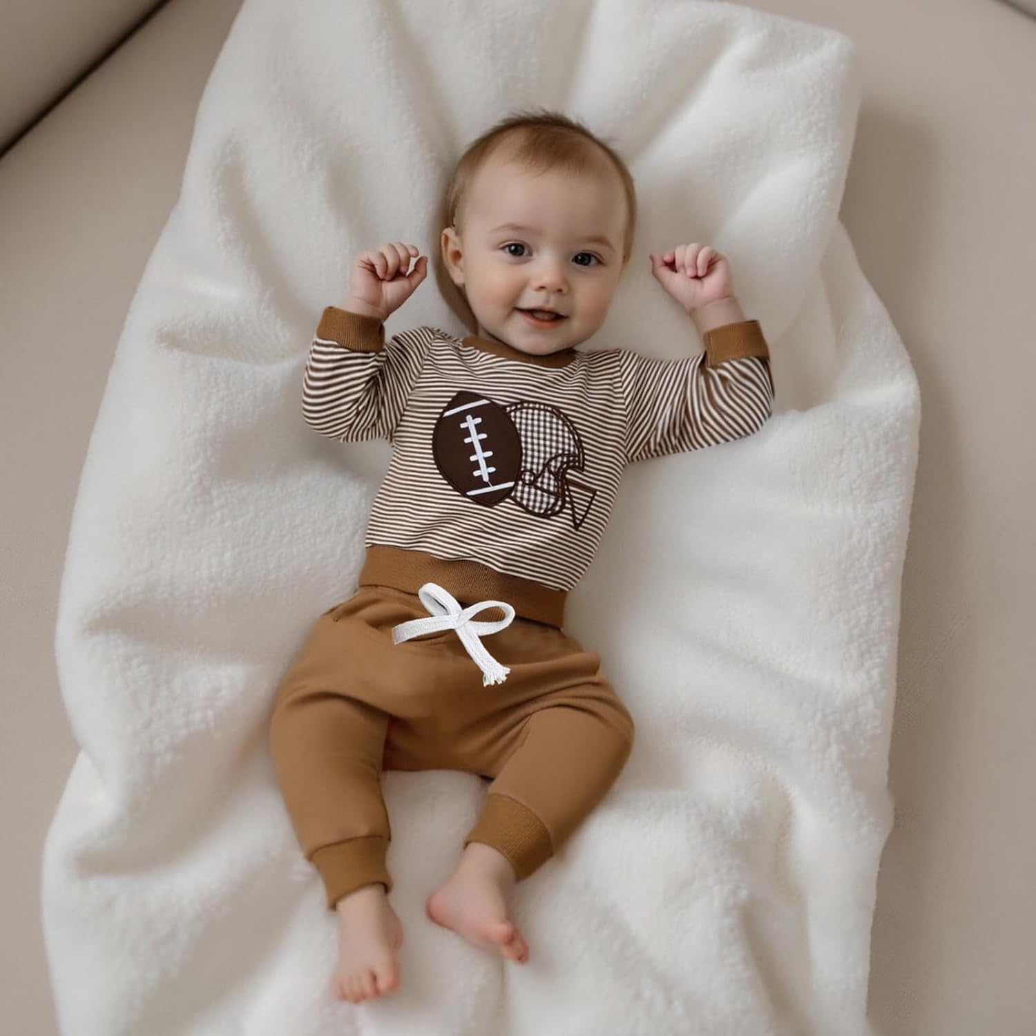 Football Baby Boy Clothes Football Embroidery Waffle Stripe Long Sleeve Sweatshirt Jogger Pants Fall Winter Outfits - Image 3