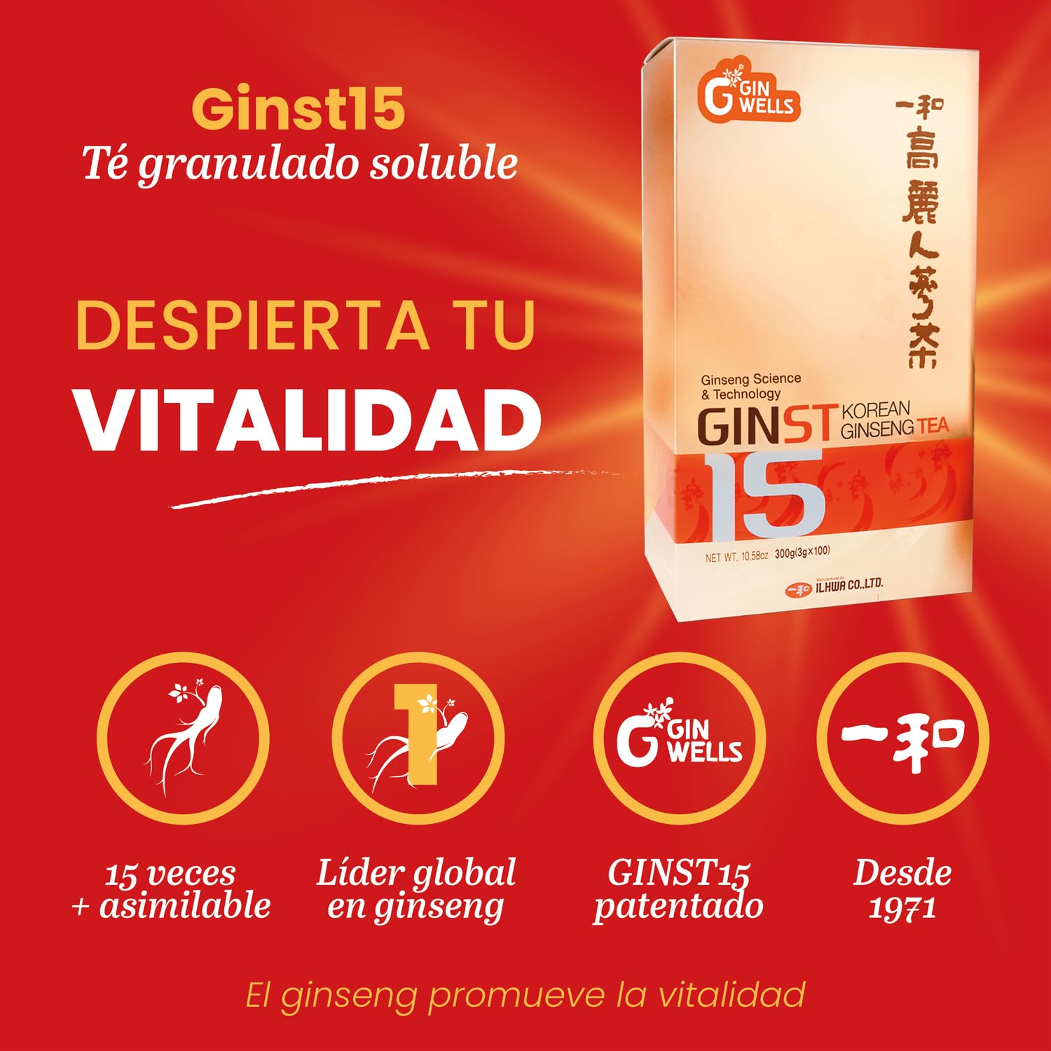 Ginseng Coreano,100 Sobres Té Soluble | 15x Más Asimilable y 4x Más Rápido | Extracto Hidrolizado IL HWA | Energía y Vitalidad | GINST15 TONGIL | Extracto Hidrolizado, 15x Más Asimilable y 4x Más Rápido, Energía y Vitalidad