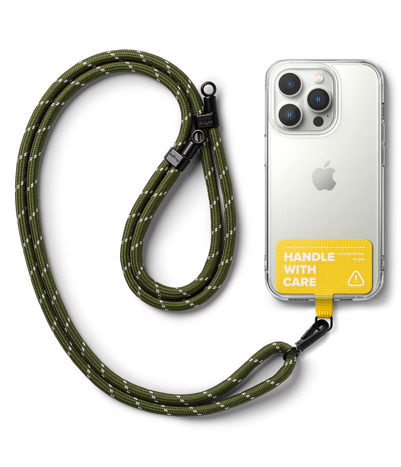 Ringke Holder Link Strap with Yellow Tarpaulin Tag, Adjustable Crossbody Polyester Rope Lanyard Compatible with Universal Smartphone Case - Khaki & White-image-14