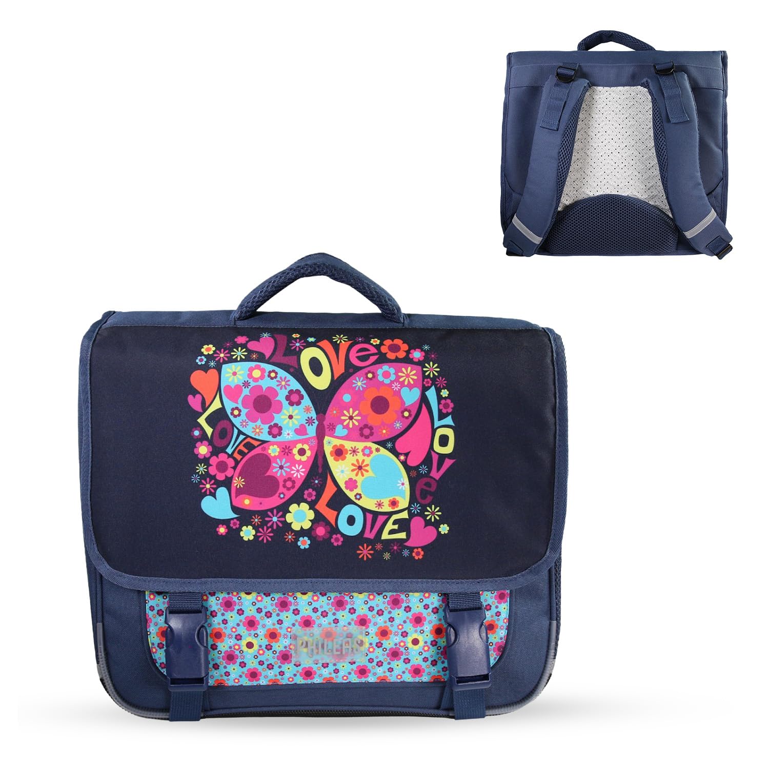 Bagtrotter - Cartable 38 cm - Phileas Papillon Bleu Marine - Primaire - Dos et bretelles rembourrés - Poche gourde - Marque Officielle Phileas