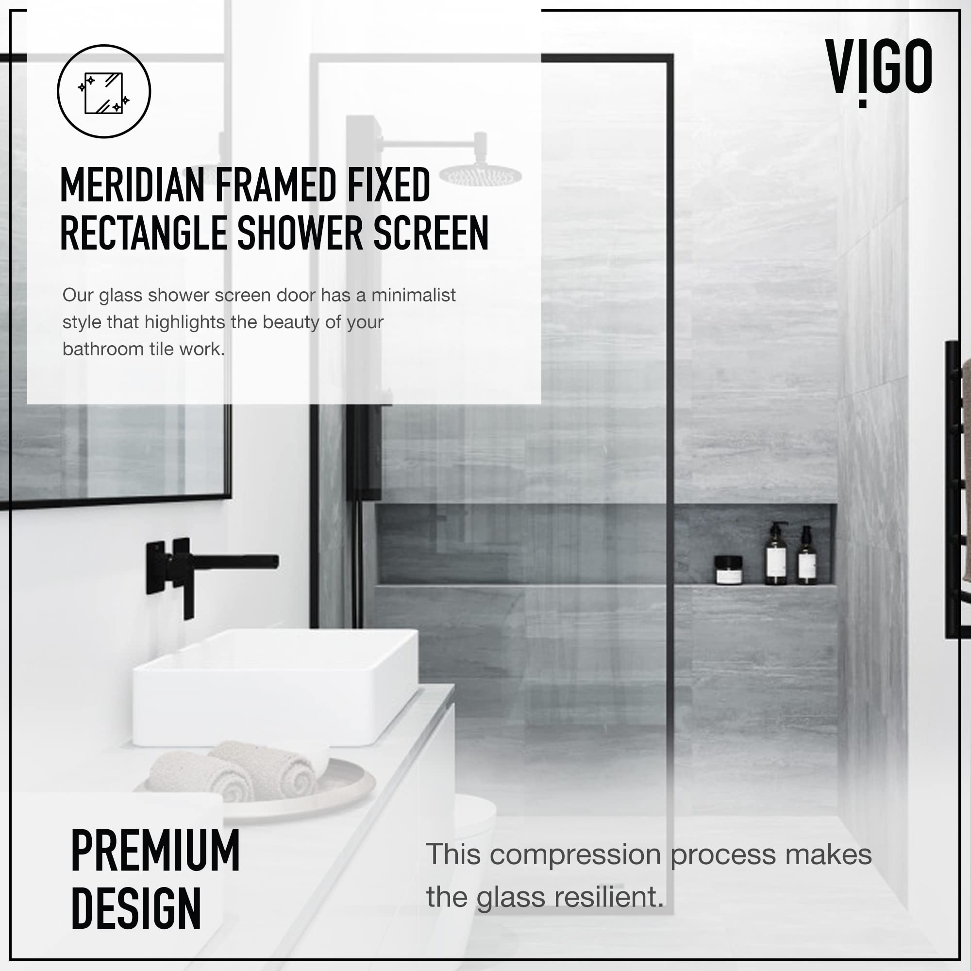 VIGO Zenith Fixed Glass Shower Wall Panels Framed Tempered Shower Glass Panel for Open Walkin