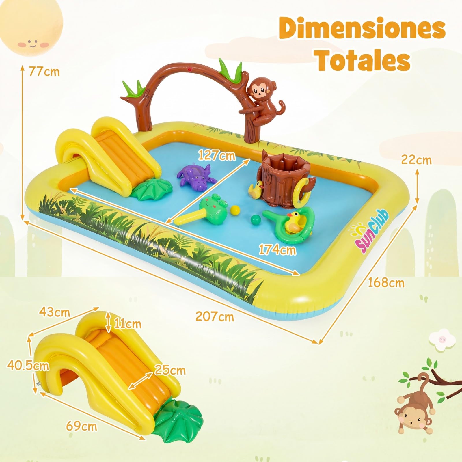 COSTWAY Piscina Hinchable Infantil, Piscina para Niños Hinchable con Tobogán y Chorro en Forma de Animal, Rociador en Forma de Arco, Juegos de Agua para Niños Exterior, 207 x 168 x 77 cm