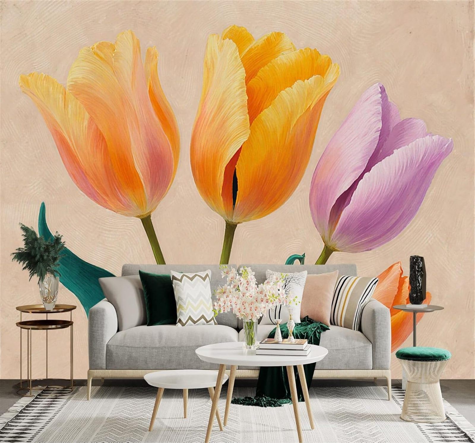 XLMING Brightly Coloured Tulips Flowers Plants Art Beige Background 3D Wallpaper Silky Texture Home Study Office Grey Dining Room Sofa Bedroom Living Room TV Backdrop-200cm×140cm