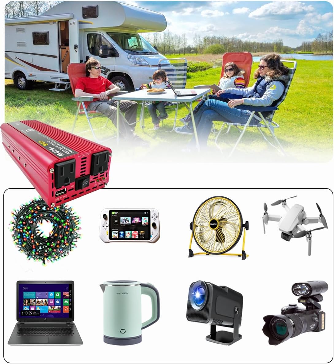 1000W/2600W(Peak )Continuous Output Power Inverter DC24V to 110V AC Converter 2600W Peak Output with 1 USB Ports and 2 AC Outlet for Road Trip, Camping, RV, Truck, Car, Pickup Truck