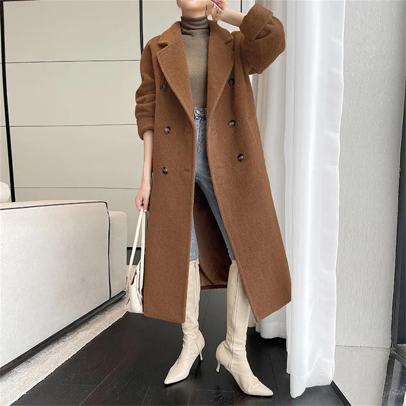 Cappotto di alpaca da donna lungo grigio cappotto per il tempo libero femminile nero ispessito allentato tipo dritto top doppiopetto con fodera